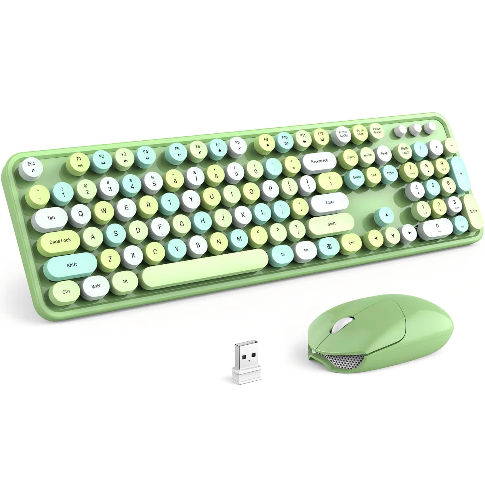 PRIMEPLUS - Keyboard Mouse Combo Wireless 2.4G Mixed Color 110 Key Keyboard Mouse Set with Round Punk Keycaps - Green