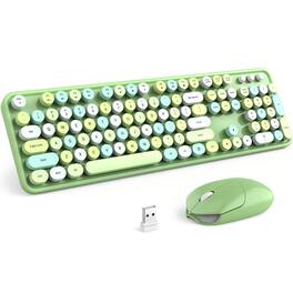 PRIMEPLUS - Keyboard Mouse Combo Wireless 2.4G Mixed Color 110 Key Keyboard Mouse Set with Round Punk Keycaps - Green