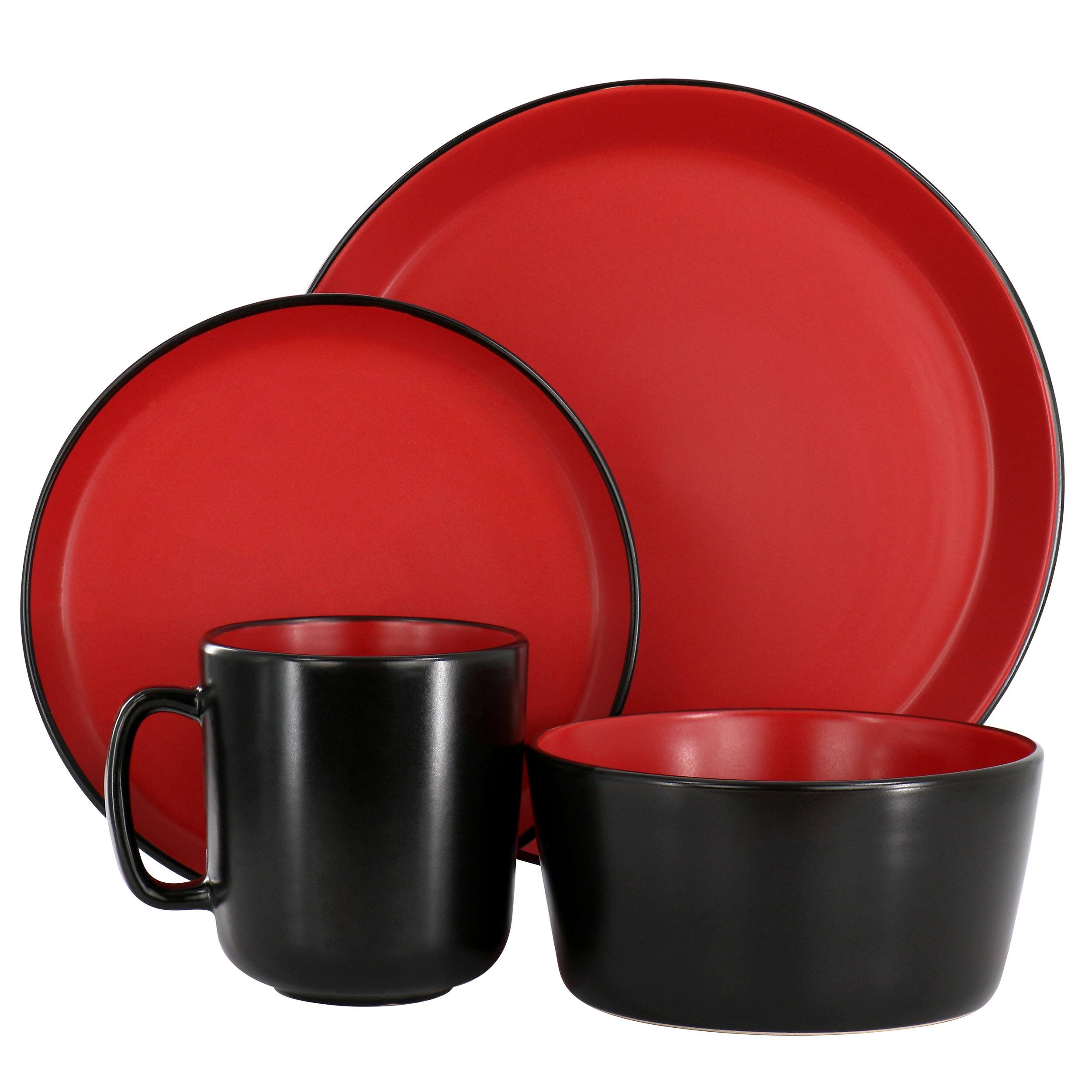 Alt View 1. Elama - Elama Bacarra 16 Piece Stoneware Dinnerware Set in Two Tone Black and Red - Black and Red.