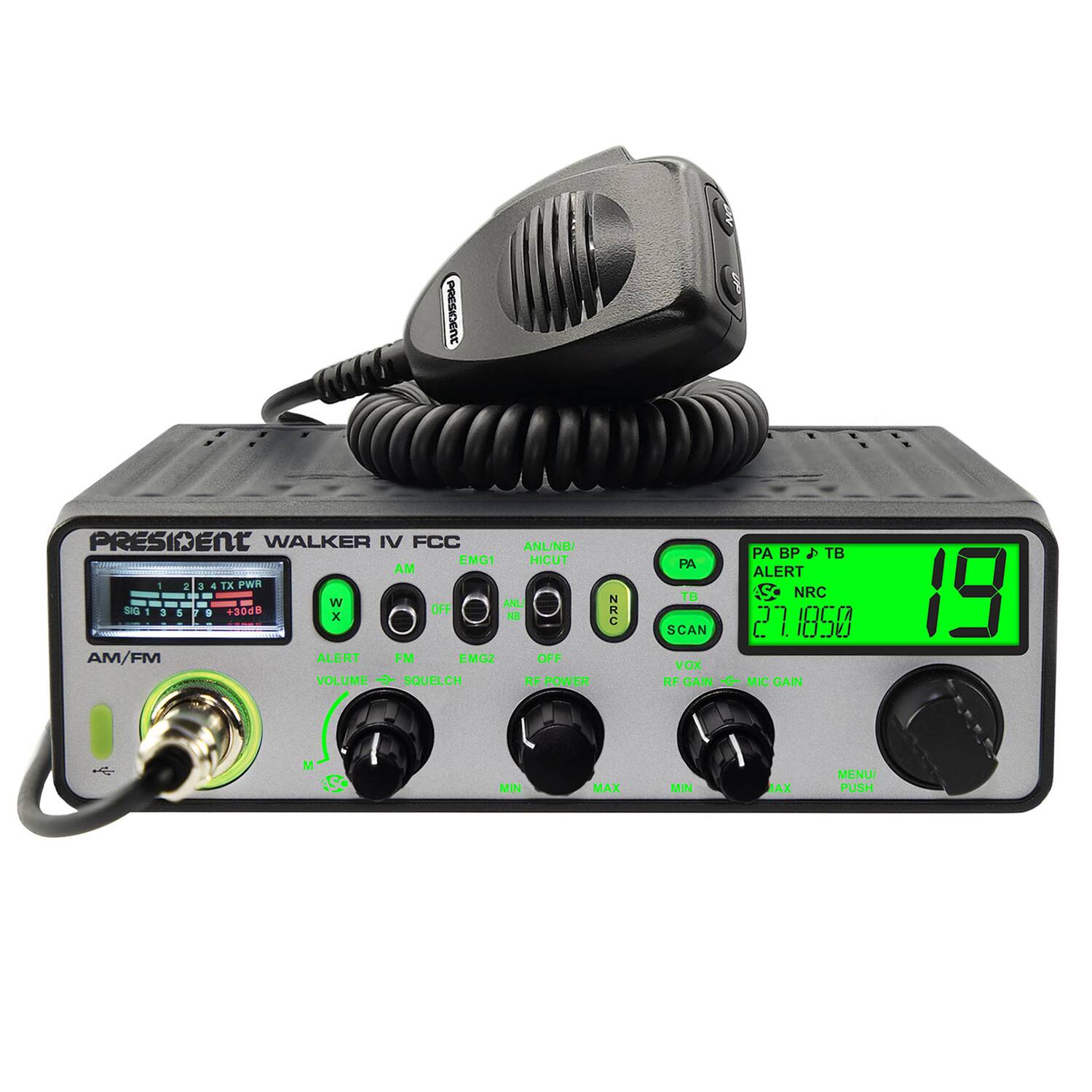 PRESIDENT WALKER IV FCC ANU/NE EMG1 HICUT AM 1 2 2 . 1X PWR - W ANL G - 3 1 a +30dB OFF x NB AM/FM ALERT FM EMG2 OFF VOLUME SQUELCH RF POWER CE PA BP 4 TB PA ALERT TB SC NRC SCAN 211850 27 vox RF GAIN - MIC GAIN 19 M I MIN MAX MIN AX MENUI PUSH