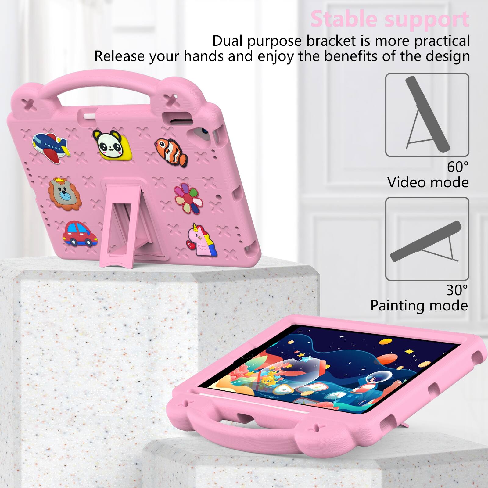 Stable support  
Dual purpose bracket is more practical  
Release your hands and enjoy the benefits of the design  

60° Video mode  
30° Painting mode