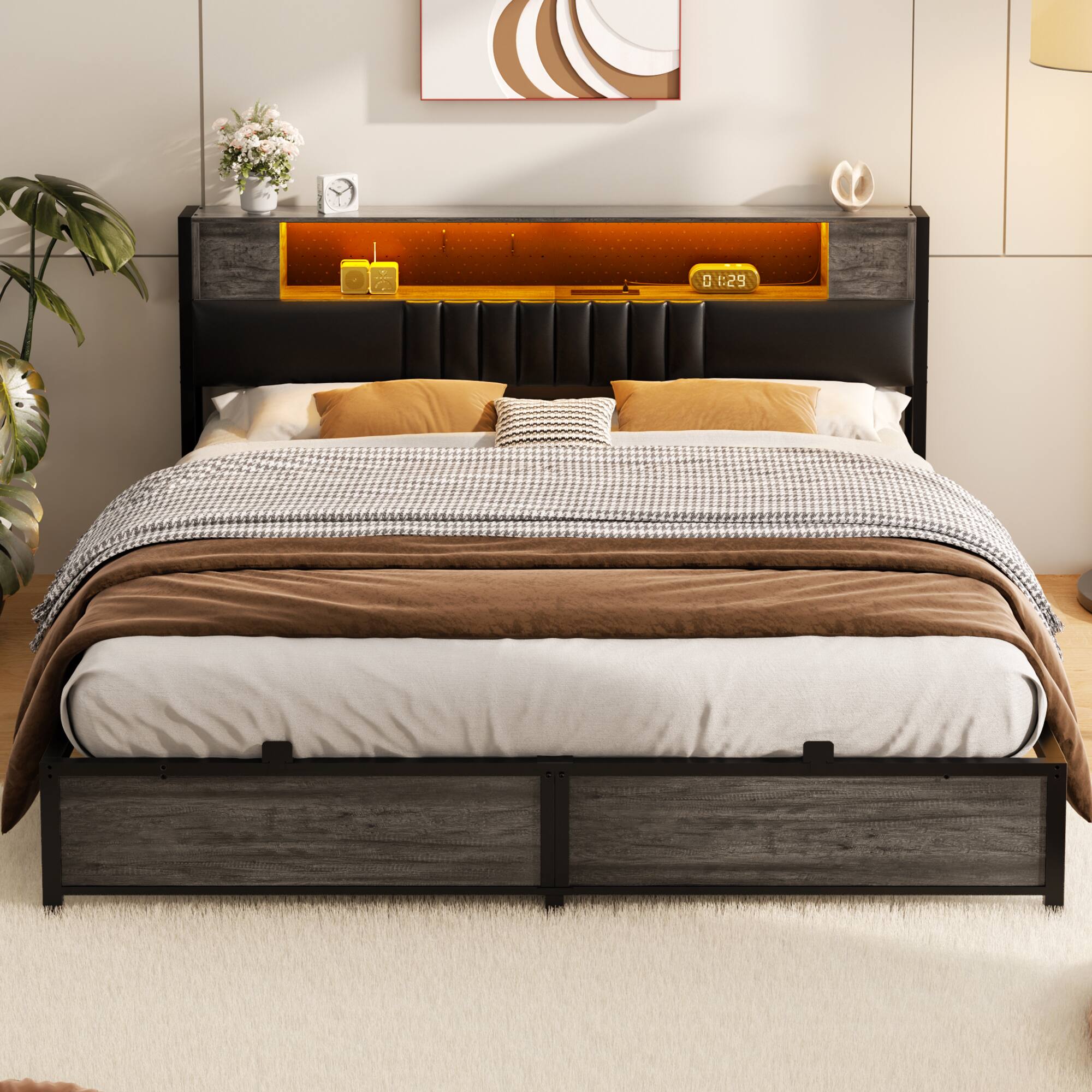 Alt View 4. Aheaplus - Modern Bed Frame: Power Outlet & LED Lights, Headboard Storage, Quiet Support - Black Oak.