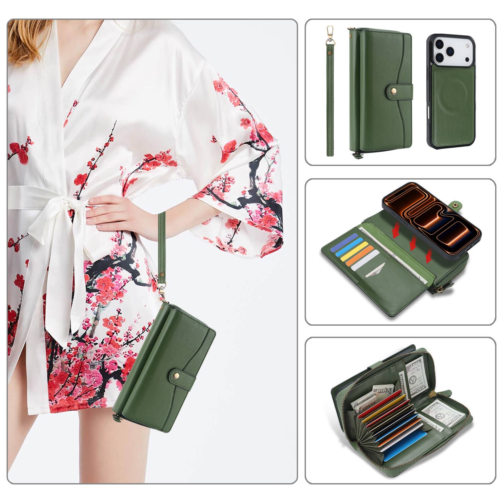Alt View 1. Dteck - RFID Leather Wallet Phone Case for Apple iPhone 17 Pro Max, Magnetic Detachable Card Holder Cover with Wrist Strap - Green.