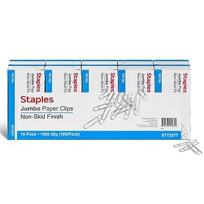 Staples  
Jumbo Paper Clips  
Non-Skid Finish  

10 Pack + 1000 Qty (100/Pack)  

ST72577