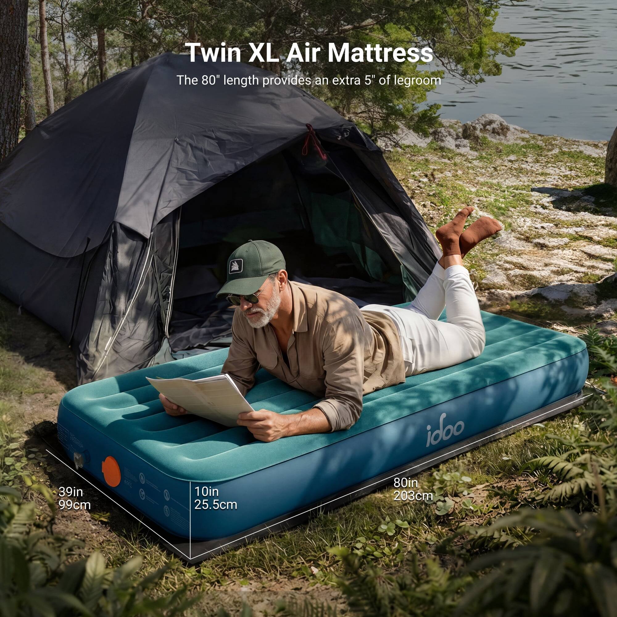 Twin XL Air Mattress  
The 80" length provides an extra 5" of legroom  
idoo  
39in 99cm  
10in 25.5cm  
80in 203cm