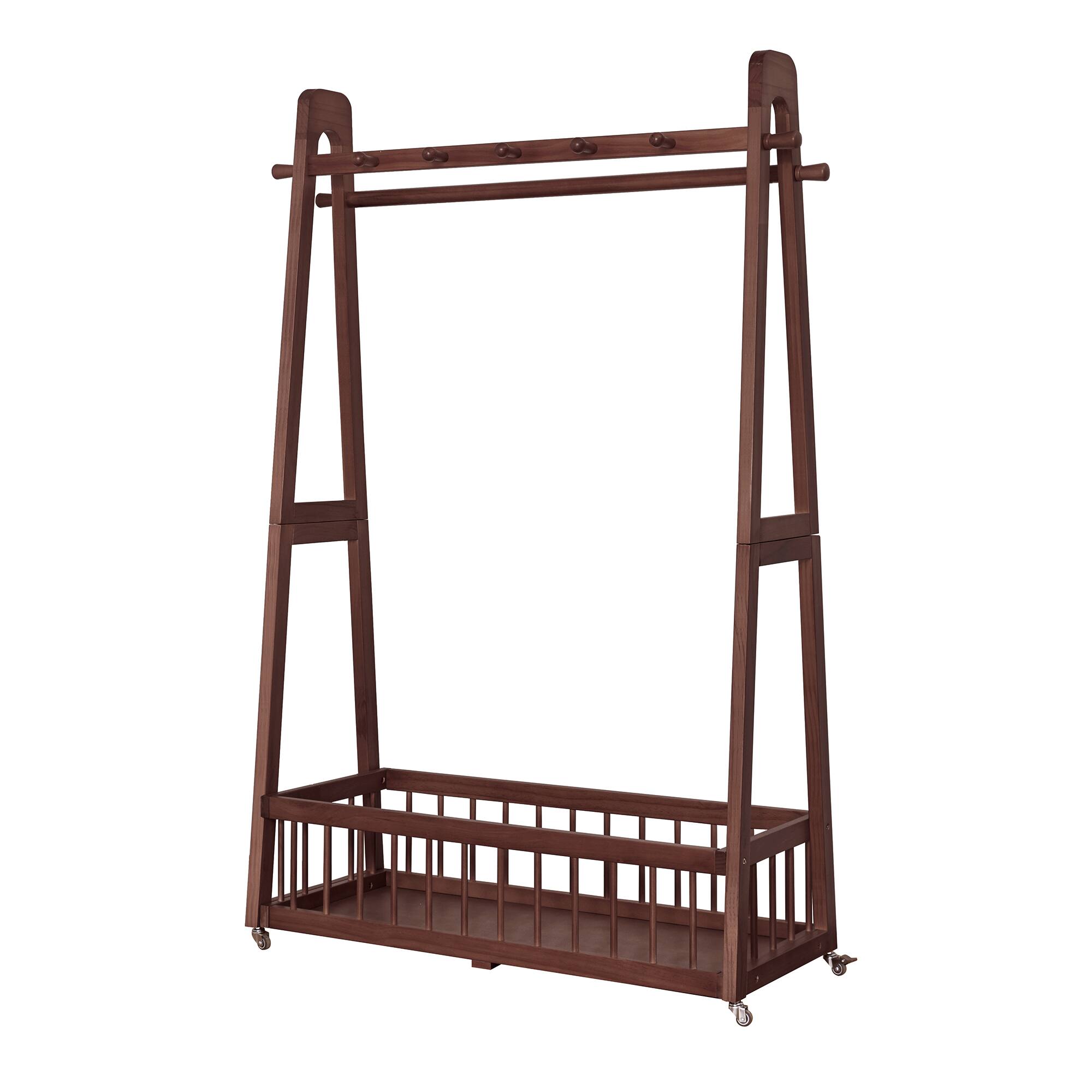 Alt View 1. LUCKY ONE - Solid Wood Freestanding Clothing Garment Rack with Lockable Wheels - Walnut.