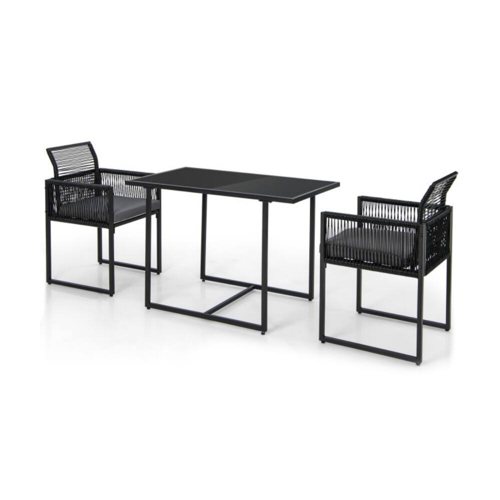 Angle. Mondawe - 3 Pieces Outdoor Dining Set with Folding Backrest and Seat Cushions - Black.