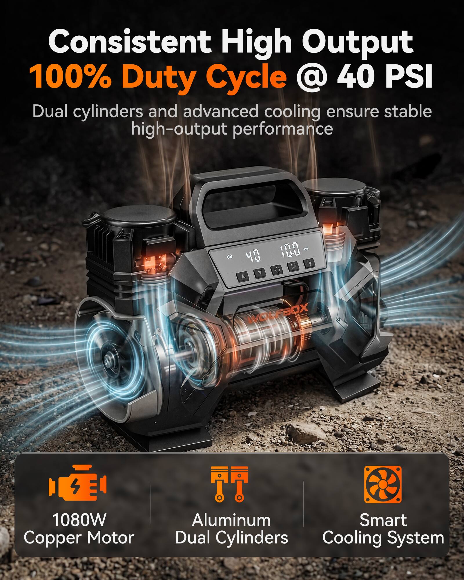 Consistent High Output  
100% Duty Cycle @ 40 PSI  
Dual cylinders and advanced cooling ensure stable high-output performance  

1080W Copper Motor  
Aluminum Dual Cylinders  
Smart Cooling System