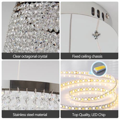 Clear octagonal crystal  
Fixed ceiling chassis  
Stainless steel material  
Top Quality, LED Chip