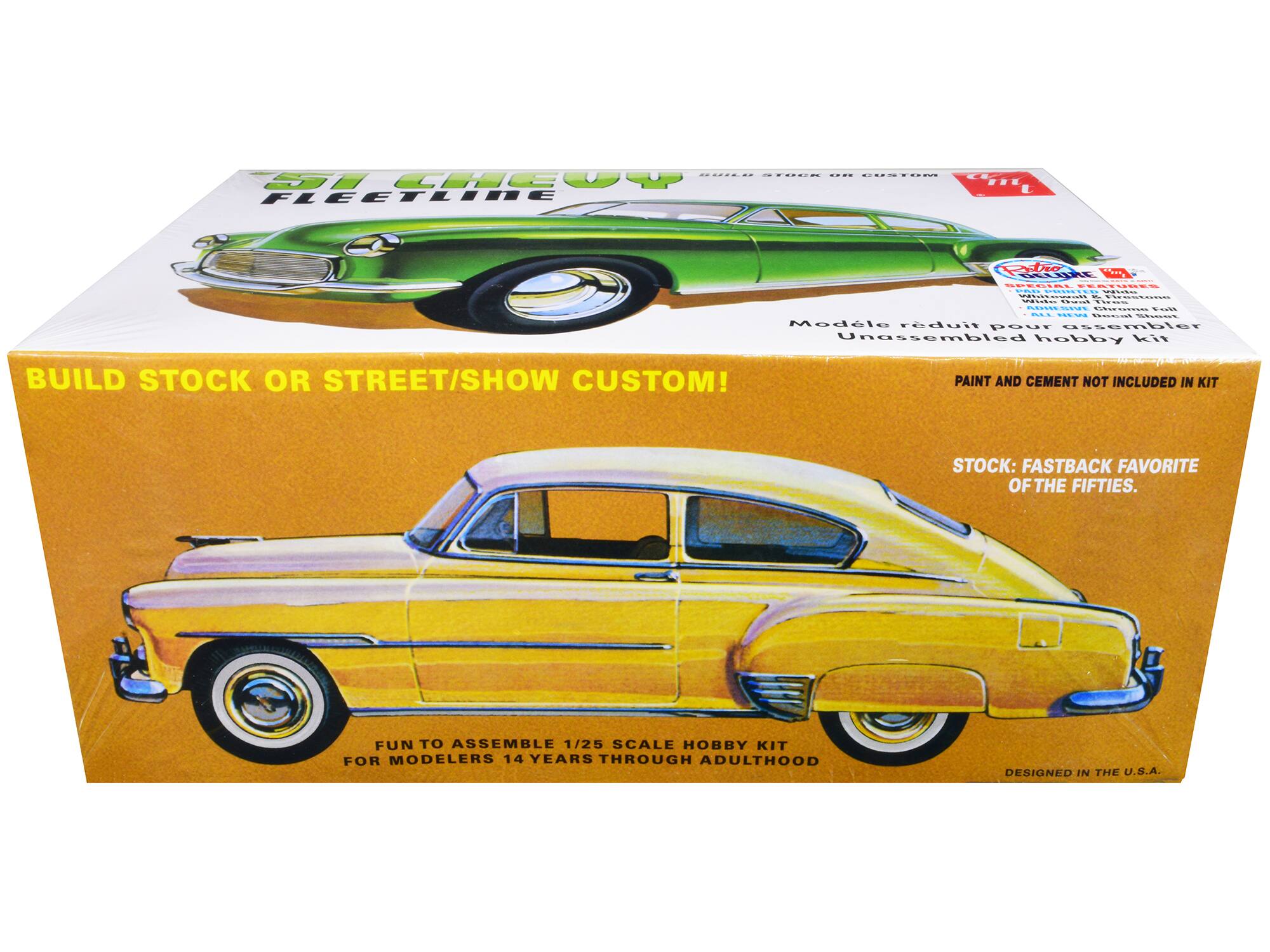 Sure, here is the corrected and grouped text from the image:

---

**CHEVY FLEETLINE**

**BUILD STOCK OR STREET/SHOW CUSTOM!**

**Unassembled hobby kit**

**PAINT AND CEMENT NOT INCLUDED IN KIT**

**STOCK: FASTBACK FAVORITE OF THE FIFTIES.**

**FUN TO ASSEMBLE 1/25 SCALE HOBBY KIT FOR MODELERS 14 YEARS THROUGH ADULTHOOD**

**DESIGNED IN THE U.S.A.**

---

**Model réduit pour assembier**

**Unassembled hobby kit**

**PAINT AND CEMENT NOT INCLUDED IN KIT**

**STOCK: FASTBACK FAVORITE OF THE FIFTIES.**

**FUN TO ASSEMBLE 1/25 SCALE HOBBY KIT FOR MODELERS 14 YEARS THROUGH ADULTHOOD**

**DESIGNED IN THE U.S.A.**

---

**Patent Pending**

**White Dual Tires**

**All New Realistic Tires**

**White Dual Tires**

**All New Realistic Tires**

---

**1/25 SCALE HOBBY KIT**

**FOR MODELERS 14 YEARS THROUGH ADULTHOOD**

---

**