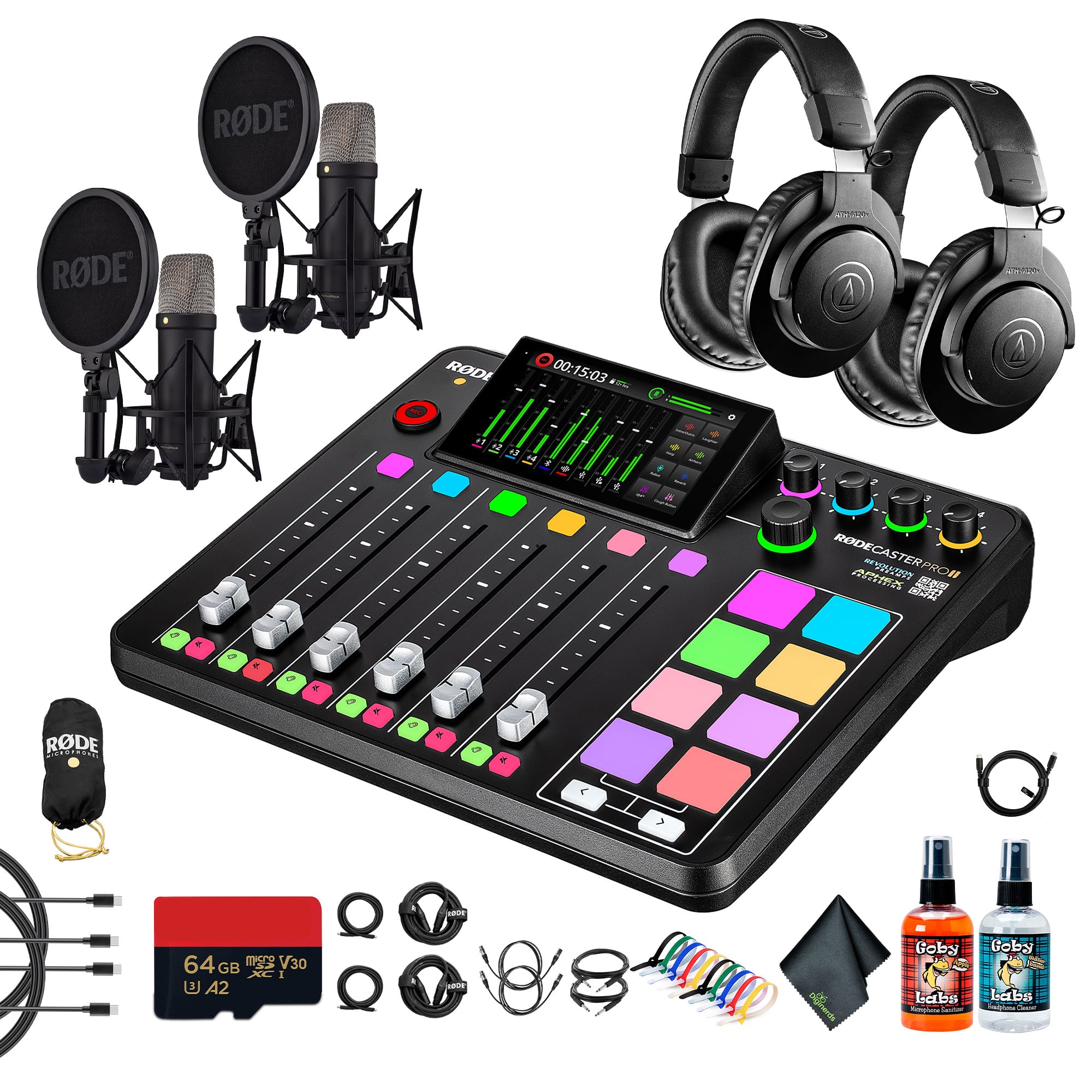 RODE - RODECaster Pro II + Headphones + Podcast Microphone + 64GB Micro SD + More (Bundle)