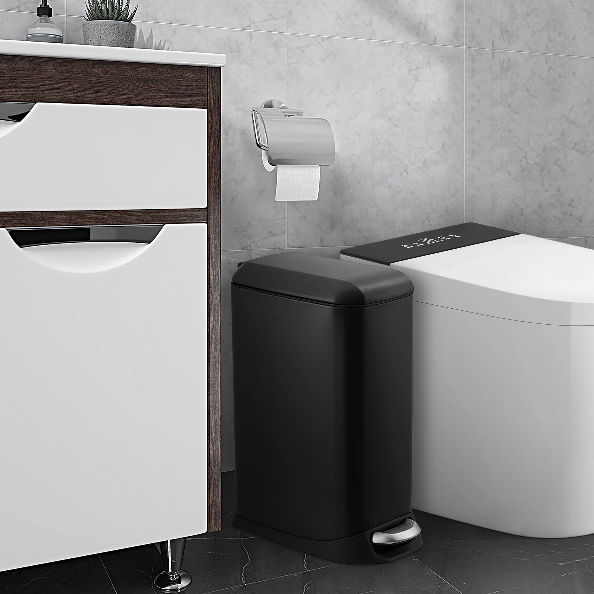 Left. Acekool - Stainless Steel Trash Can, 3.2 Gallon Lid, Soft Closing Pedal.