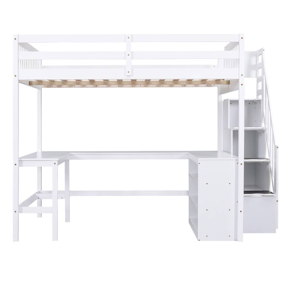 Alt View 9. Loheer - Loheer Full Size Loft Bed with L-Shaped Desk and Storage Stairs, White - White.