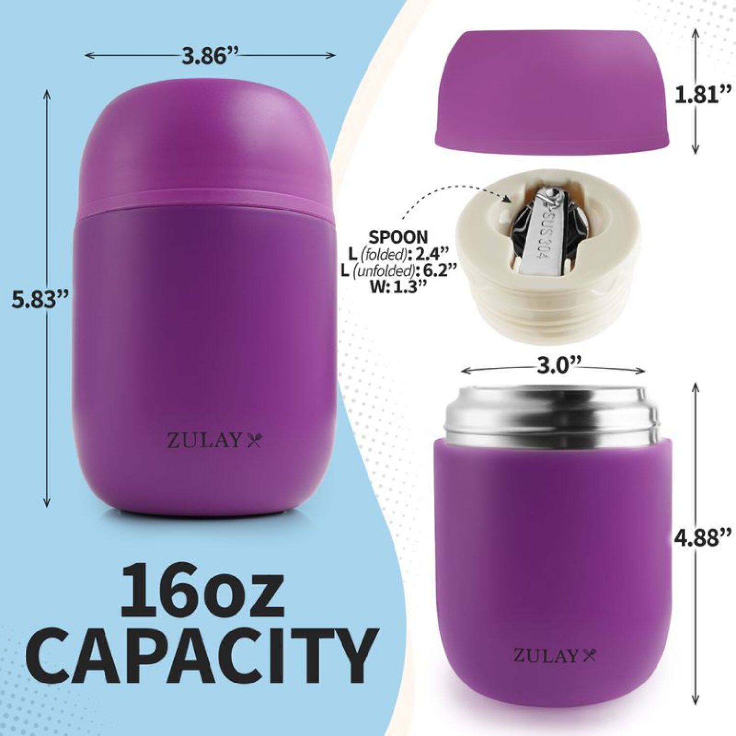 3.86", 1.81", 5.83", SPOON L (folded): 2.4", L (unfolded): 6.2", W: 1.3", 2-SUS 304, 3.0", ZULAY, 16oz CAPACITY, ZULAY x, 4.88"