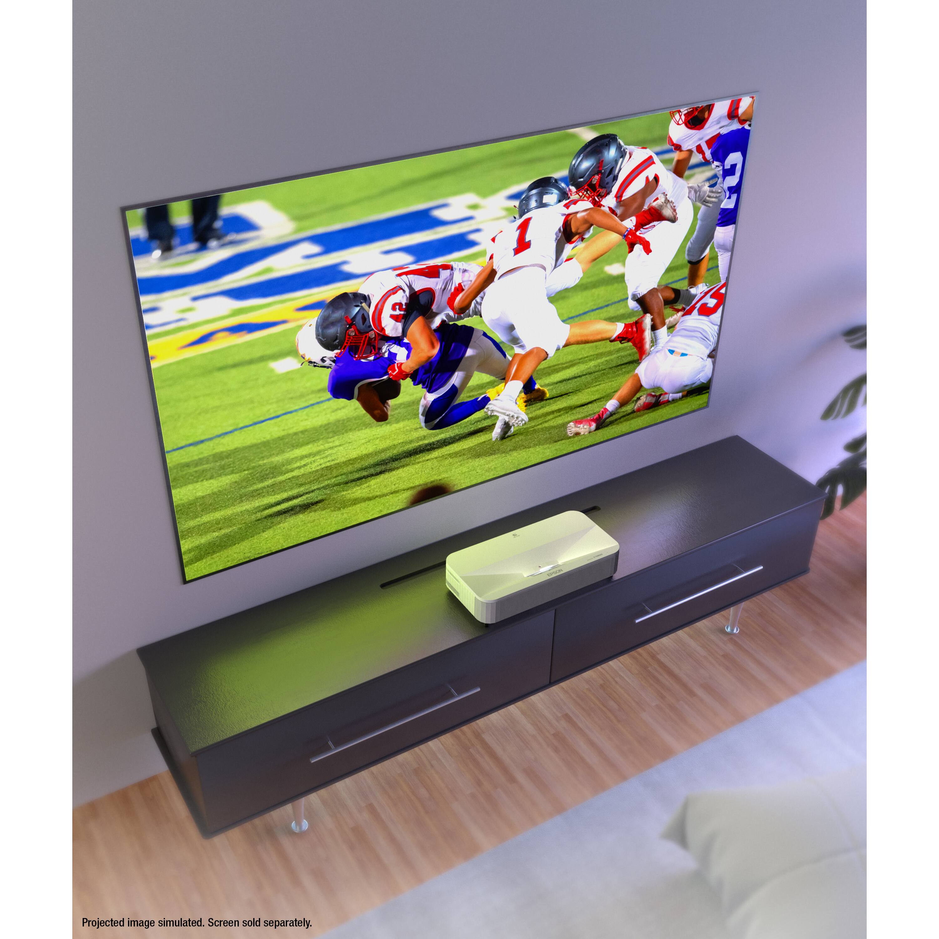 The text on the image reads "1 P PB 2 S Projected image simulated. Screen sold separately." This text is likely a disclaimer or a description of the product, indicating that the image is simulated and that a separate screen is required for proper use.