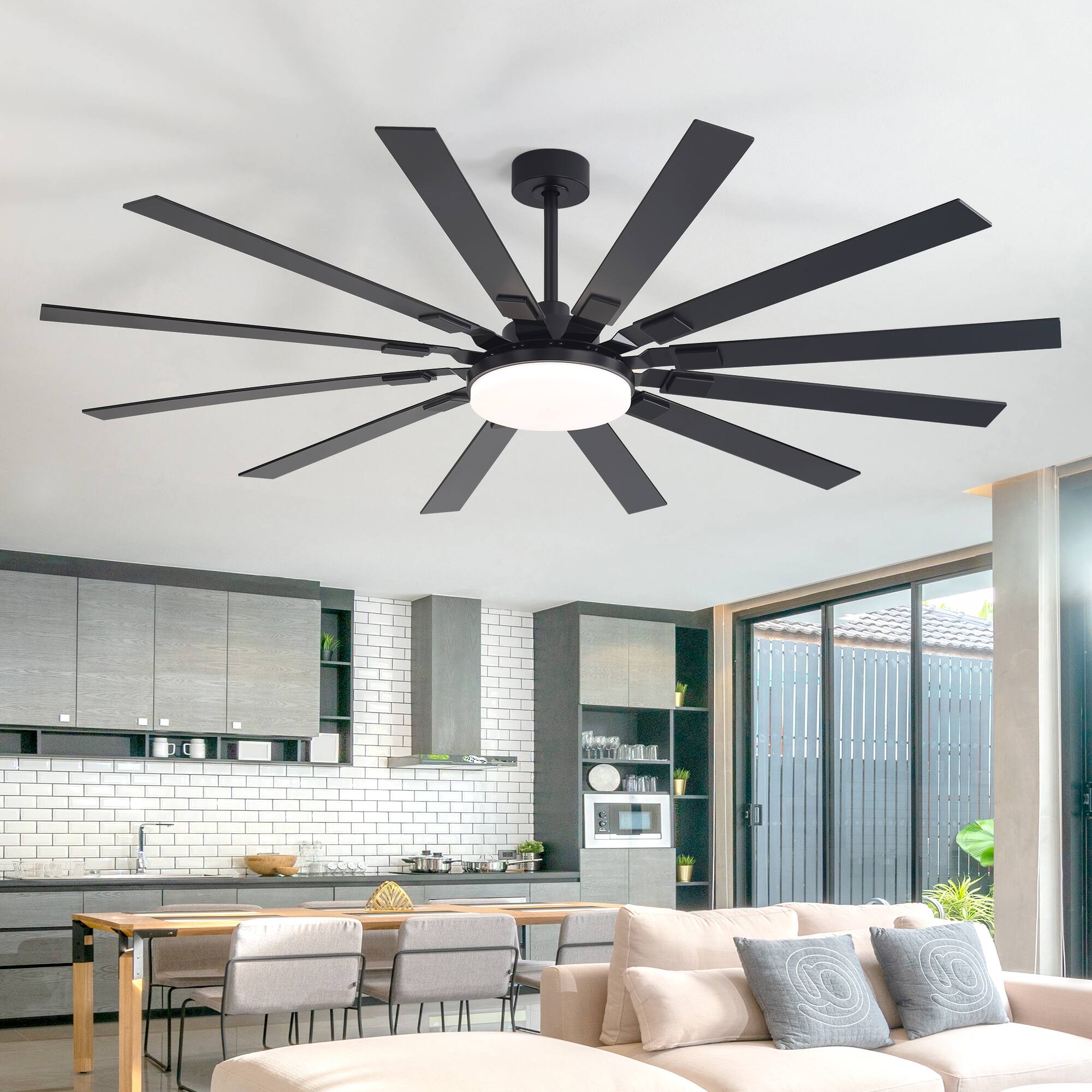 Alt View 1. Breezary - 72-Inch Ceiling Fan with LED Light, 12-Blade Design, DC Motor, Reversible Airflow, 6 Speeds, Timer and Remote Control - Black and Walnut.
