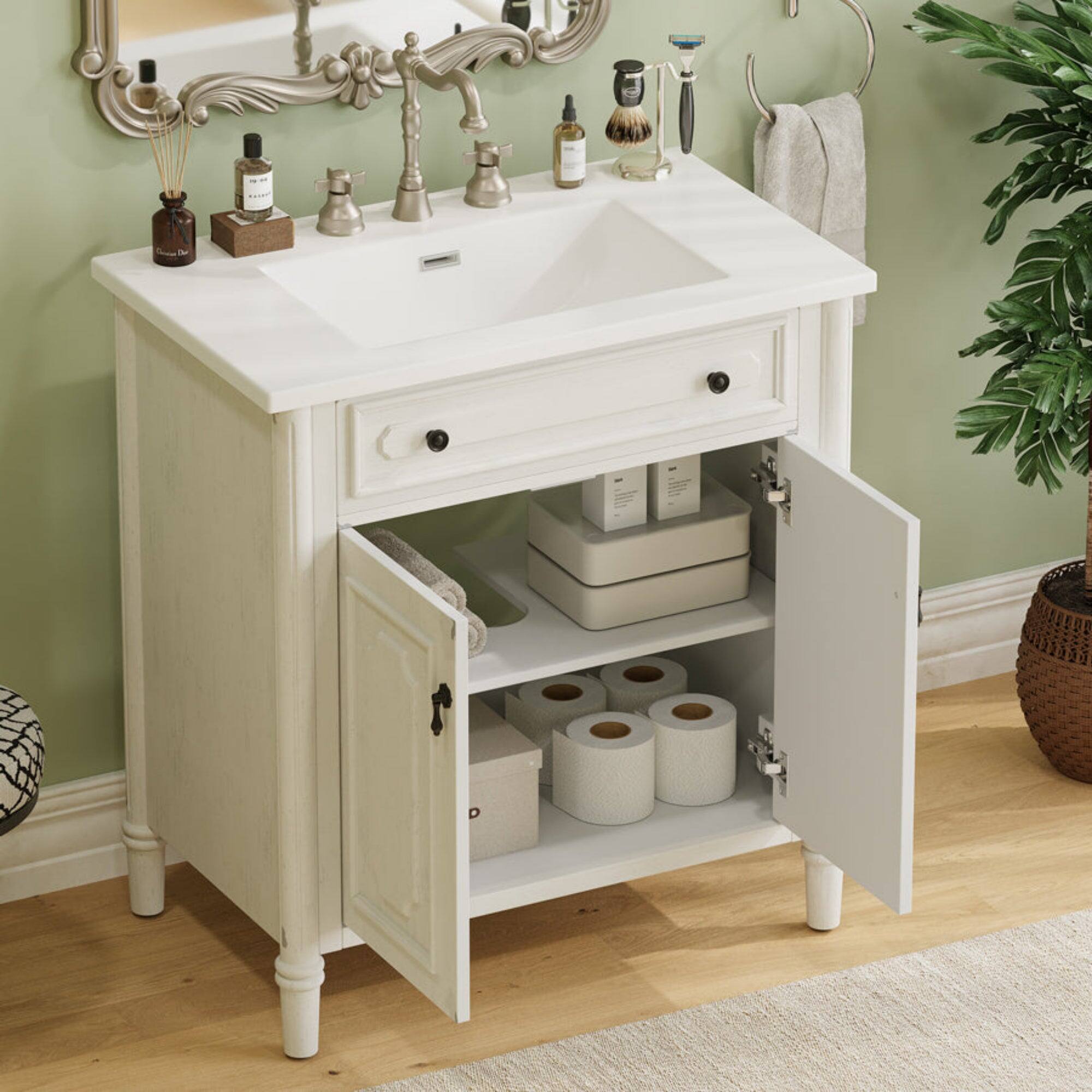 Angle. Boyel Living - 31 Inch Vintage Bathroom Vanity with Sink Rustic Cabinet Soft Close Doors Adjustable Shelf White - White.