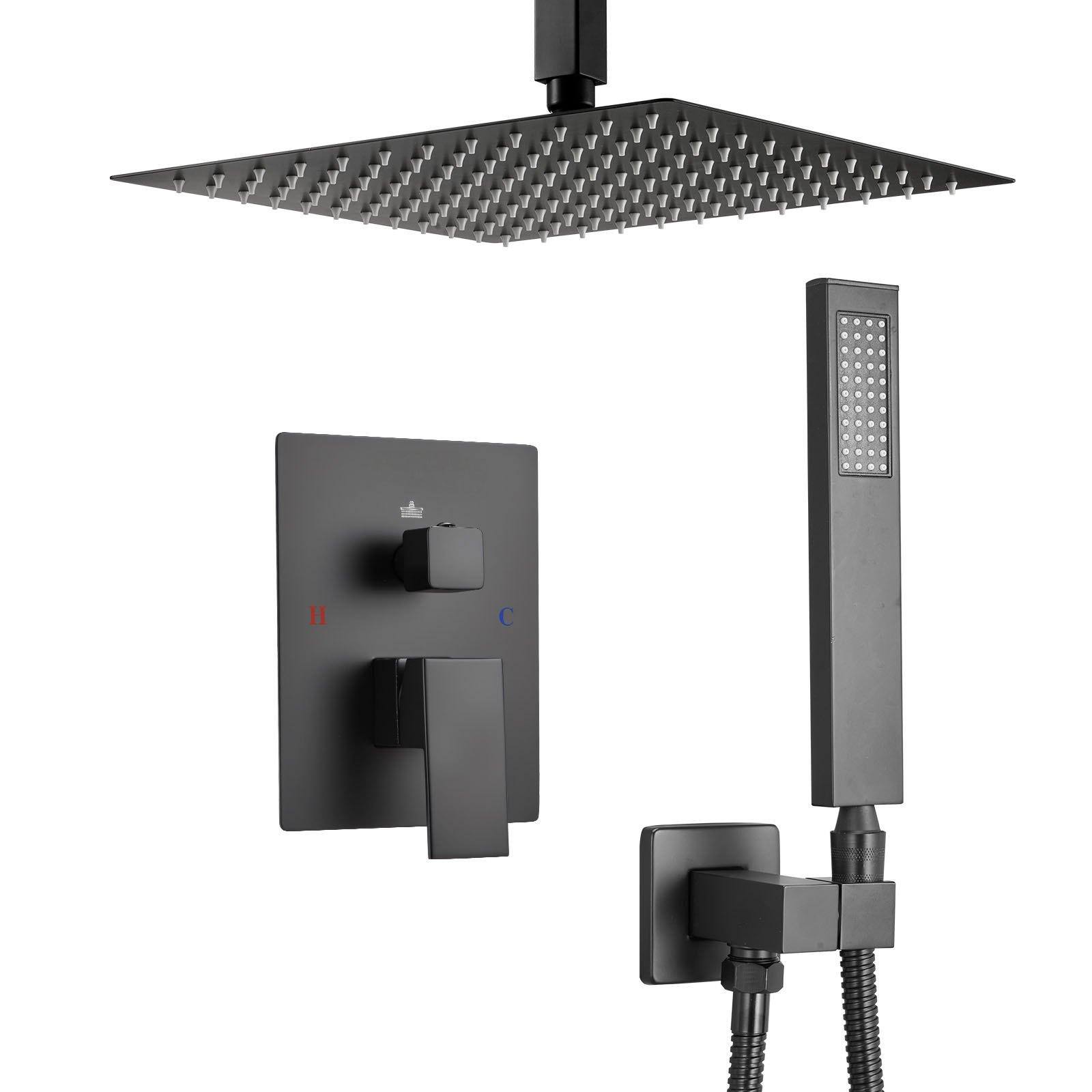 Alt View 9. Glintex - Shower Faucet Set, 10 in Square Rain Shower System with Handheld, Ceiling Mount, Brass Valve and Trim Kit - Matte Black.