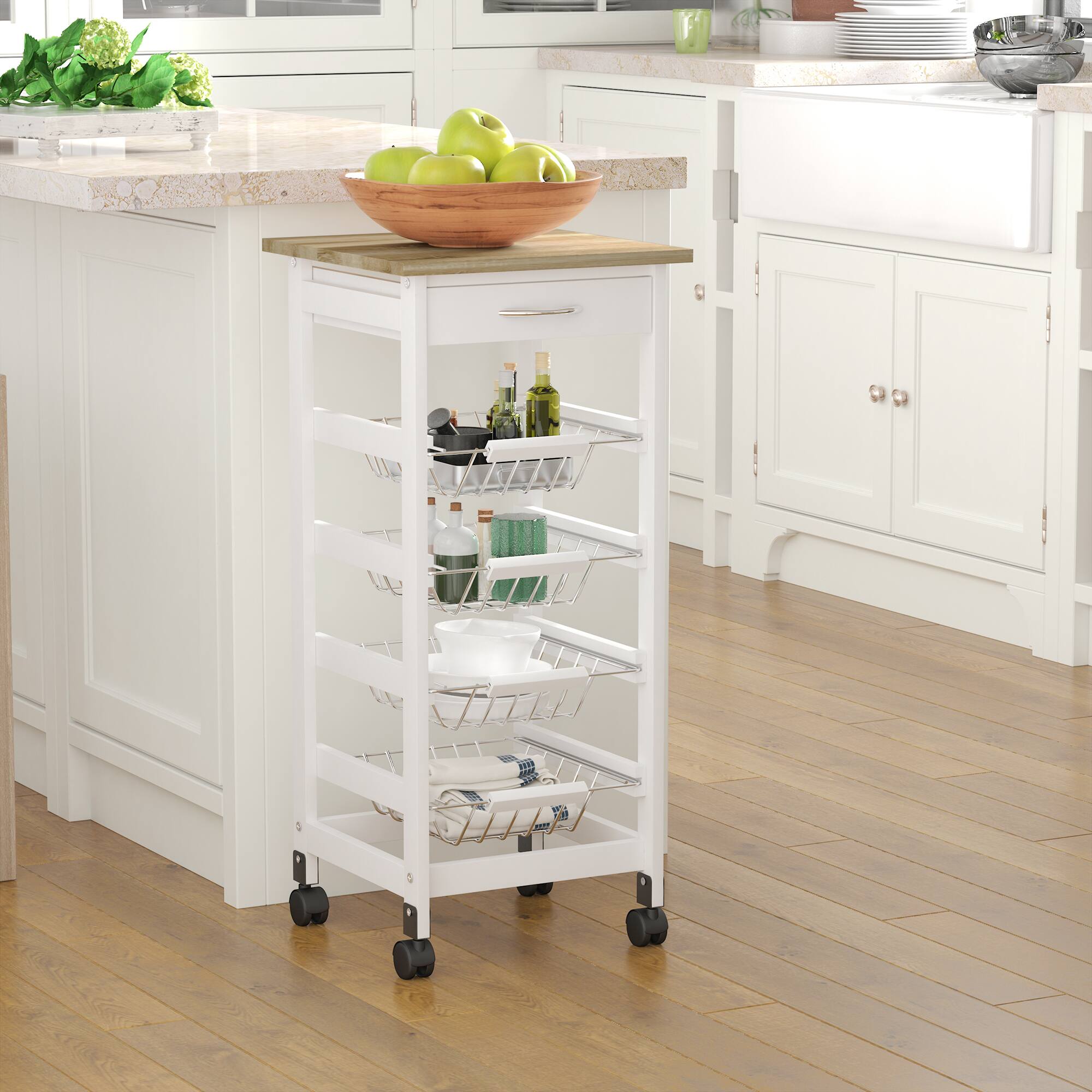 Alt View 1. Homcom - Mobile Kitchen Cart, Rolling Kitchen Island with Storage, Solid Wood Frame Cart with Wire Fruit Baskets and Drawer - White.