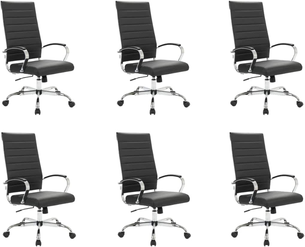 Front. LeisureMod - Set of 6 Benmar High Back Leather Executive Office Chair with Adjustable Height and Ribbed Design Seat & Backrest - Black.