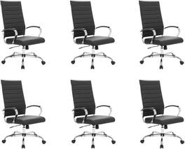 LeisureMod - Set of 6 Benmar High Back Leather Executive Office Chair with Adjustable Height and Ribbed Design Seat & Backrest - Black