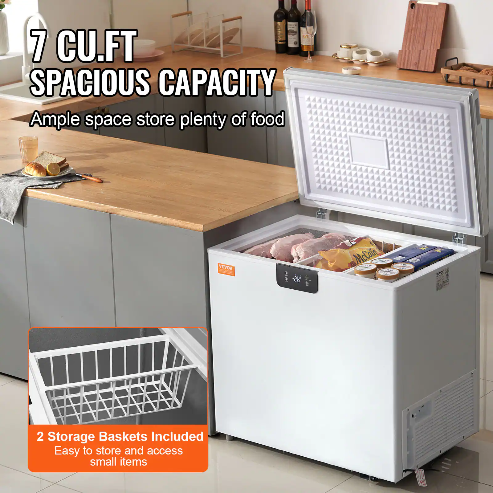 7 CU.FT SPACIOUS CAPACITY  
Ample space to store plenty of food  

2 Storage Baskets Included  
Easy to store and access small items