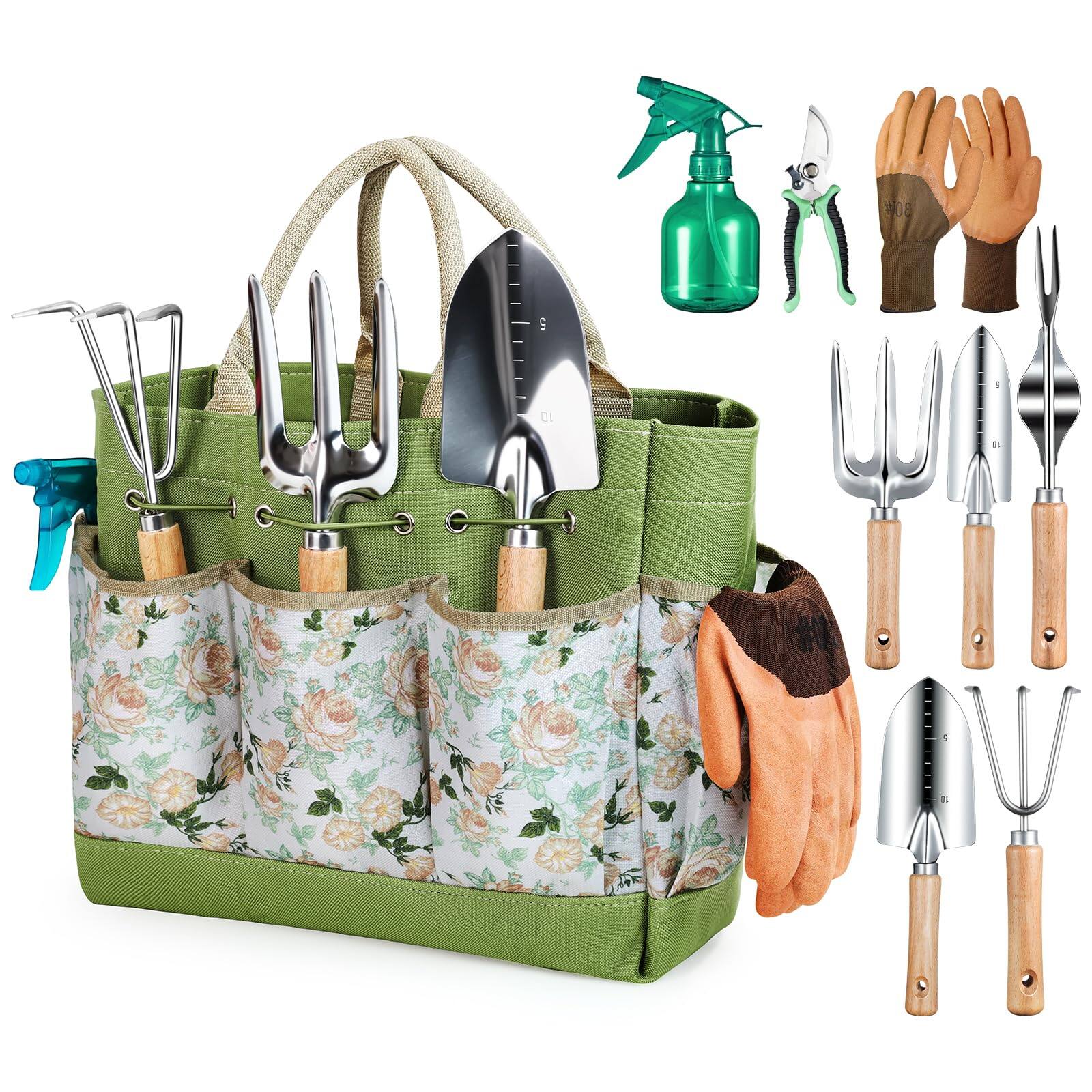 JETRANSPORT - Gardening Tools 9-piece Heavy Duty Garden Hand With Fashion And Durable Organizer Handbag Rust-proof - Green