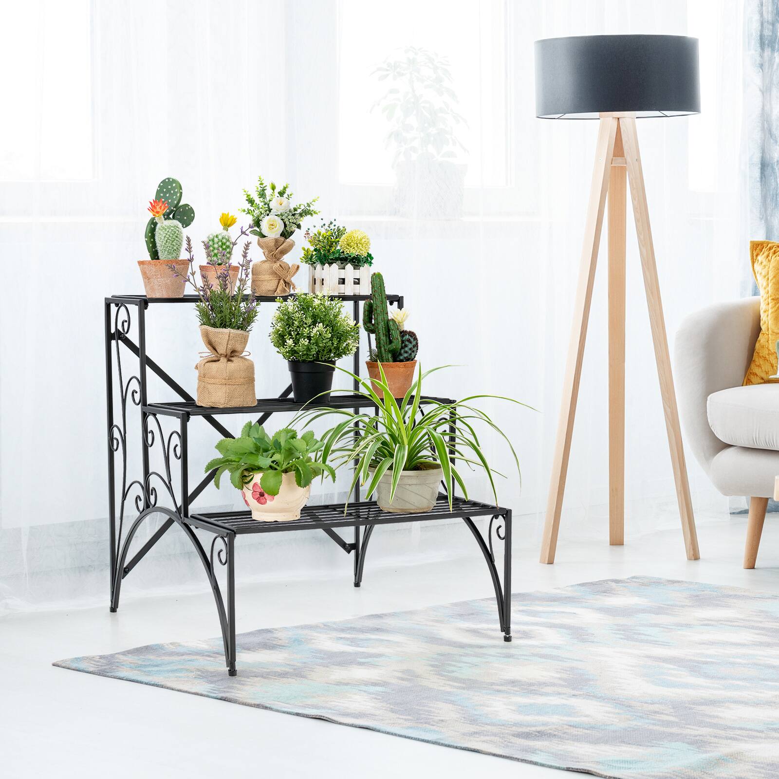 Alt View 8. Costway - 3 Tier Stair Style Metal Plant Stand Garden Shelf Flower Pot Display Rack - Black.