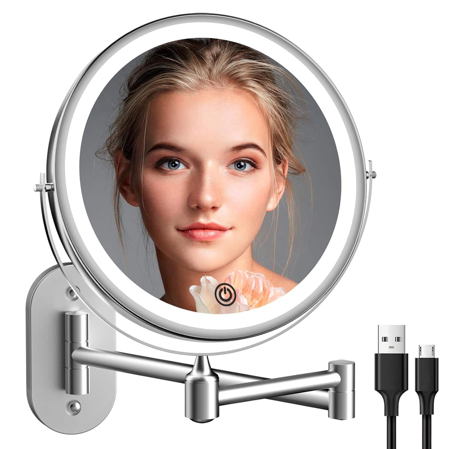 Stamp n Camp - Rechargeable Wall Mounted Lighted Makeup Vanity Mirror 8 inch 1X/10X Magnifying Bathroom with 3 Color Lights, Double - Silver