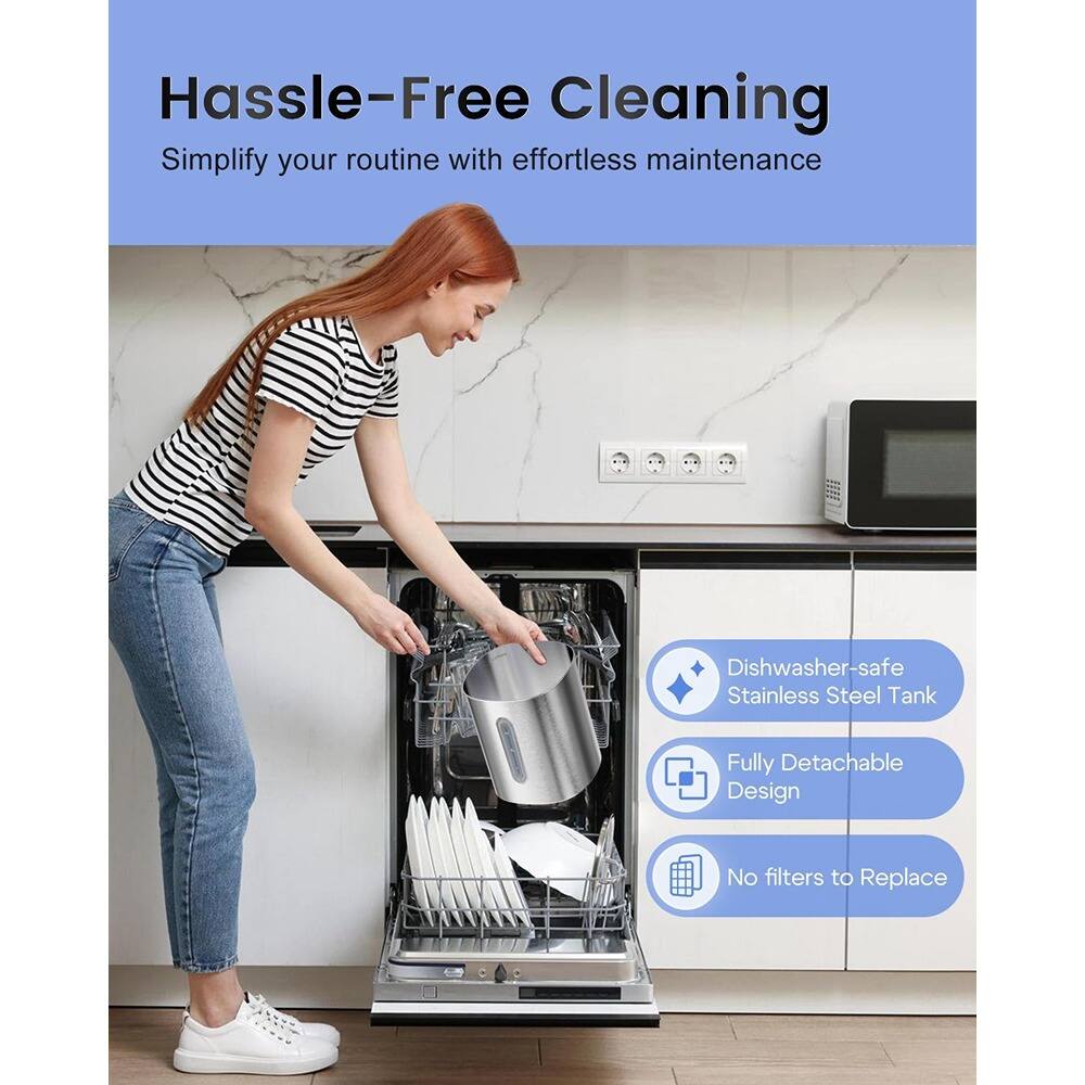Hassle-Free Cleaning  
Simplify your routine with effortless maintenance  

- Dishwasher-safe Stainless Steel Tank  
- Fully Detachable Design  
- No filters to Replace