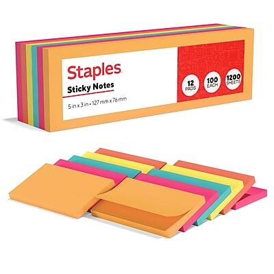 Staples Sticky Notes  
5 in x 3 in (127 mm x 76 mm)  
12 Pads  
100 Sheets Each  
1200 Sheets Total
