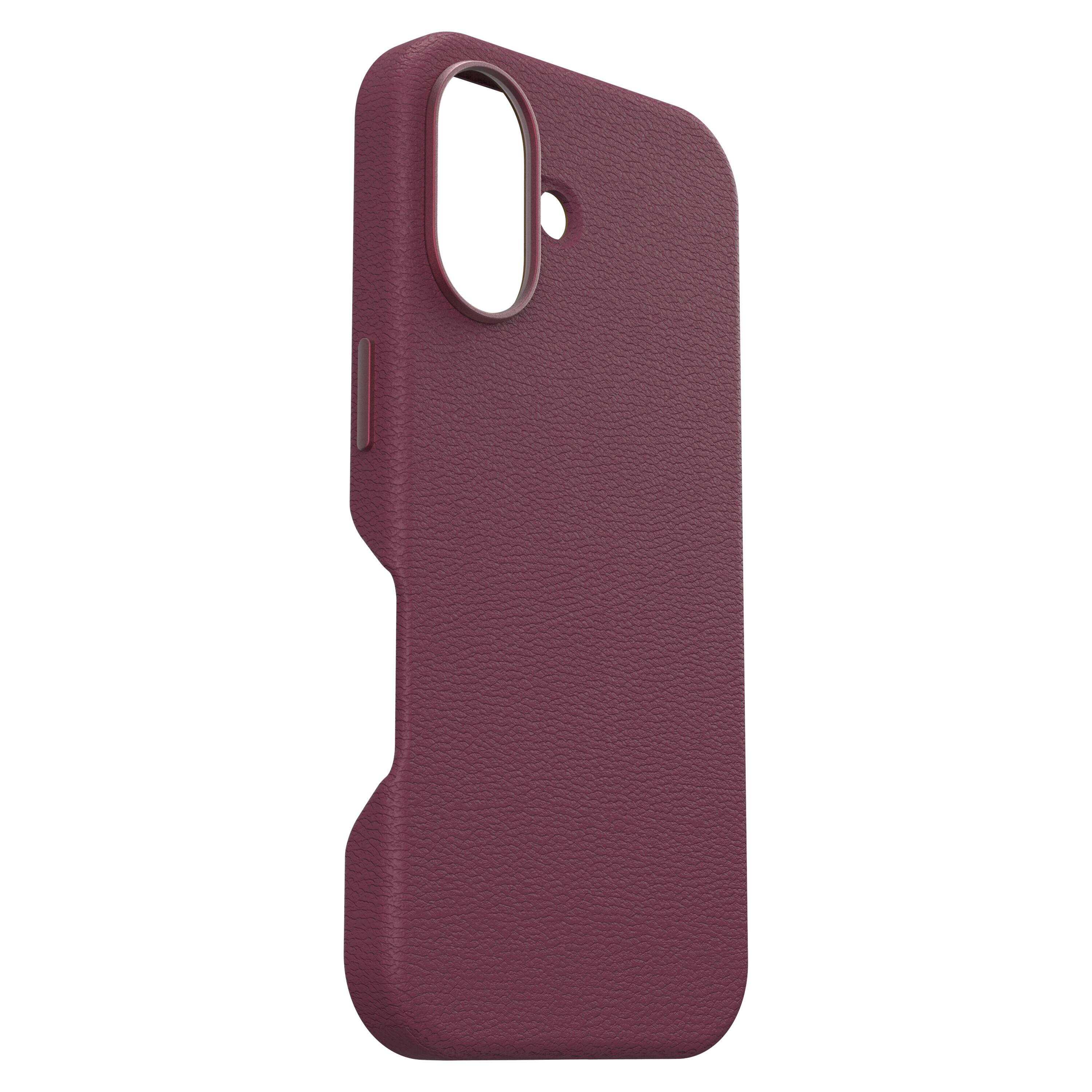 Left. OtterBox - Symmetry Cactus Leather Series Hard Shell for MagSafe for Apple iPhone 16 - Maroon Bells.