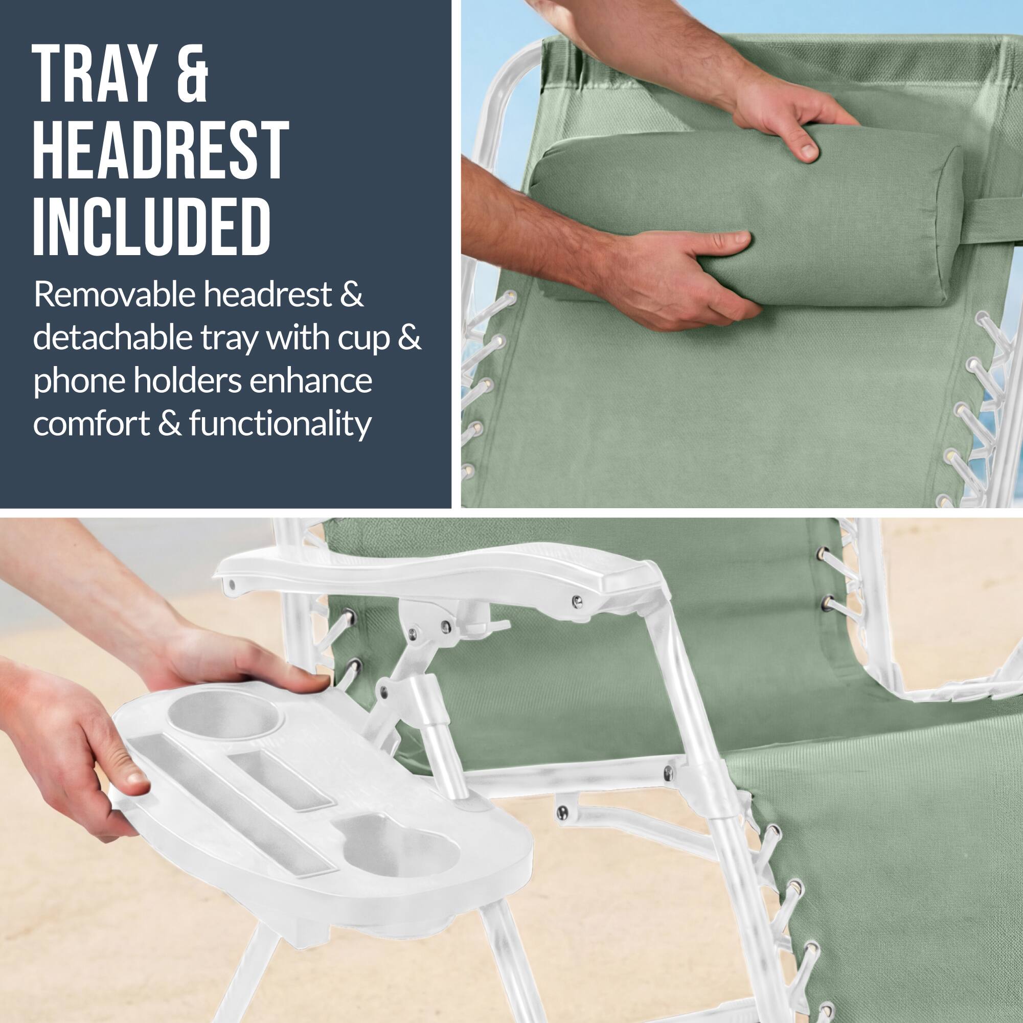TRAY & HEADREST INCLUDED

Removable headrest & detachable tray with cup & phone holders enhance comfort & functionality