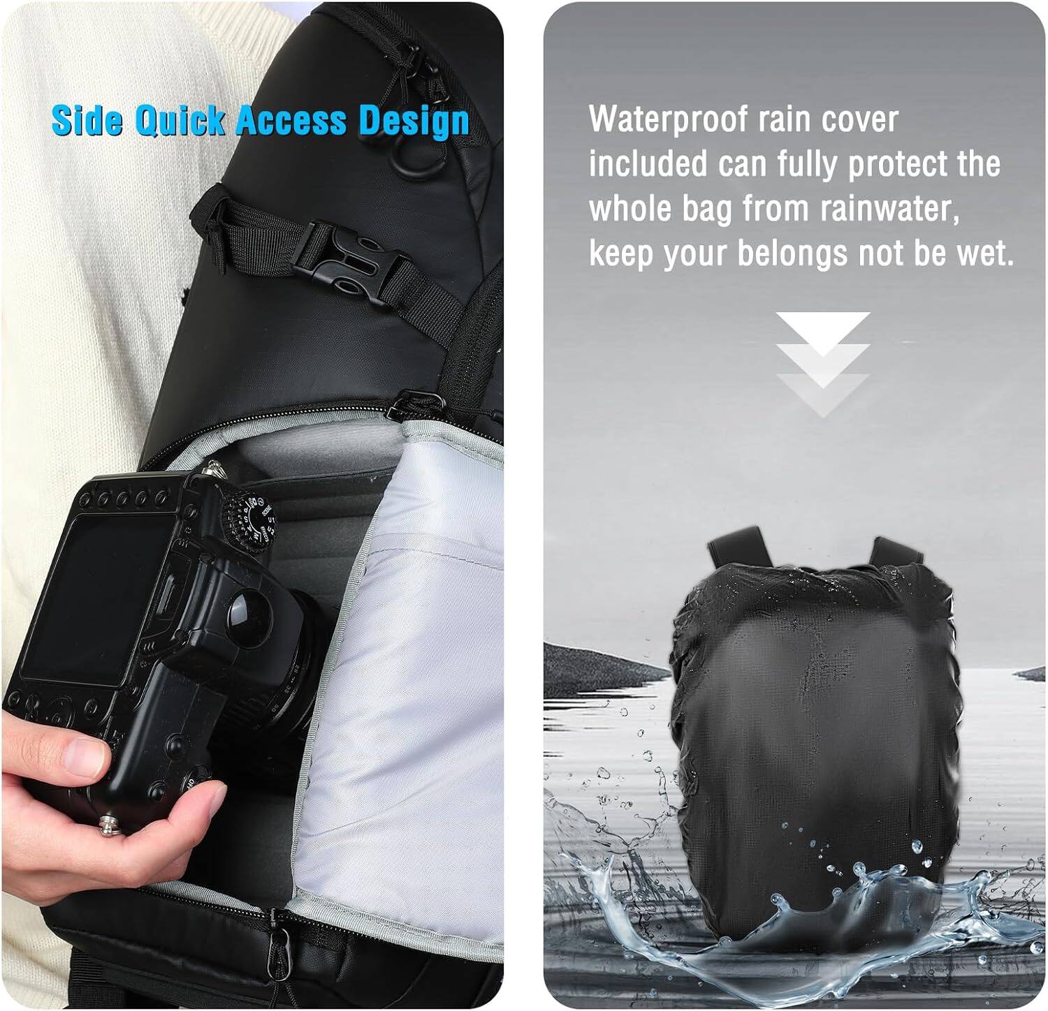 Side Quick Access Design

Waterproof rain cover included can fully protect the whole bag from rainwater, keep your belongs not be wet.