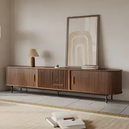 POVISON - 94"Mid-Century Modern Tambour Door TV Stand - Walnut