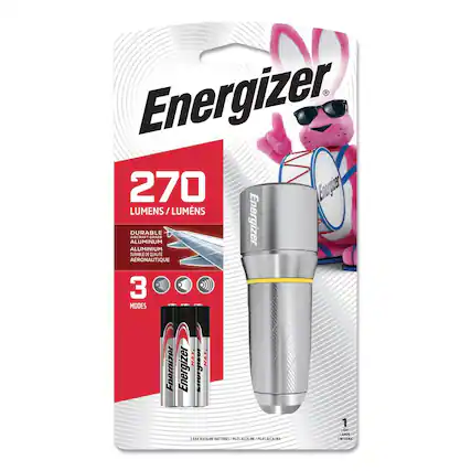 Energizer
270 LUMENS / LUMENS
DURABLE ALUMINIUM DURABLE DE QUALITÉ AÉRONAUTIQUE
3 MODES
Energizer MAX
Energizer MAX
Energizer MAX
3 AAA ALKALINE BATTERIES / PILES ALKALINES
1 LIGHT / LUMIERE INTERNA
