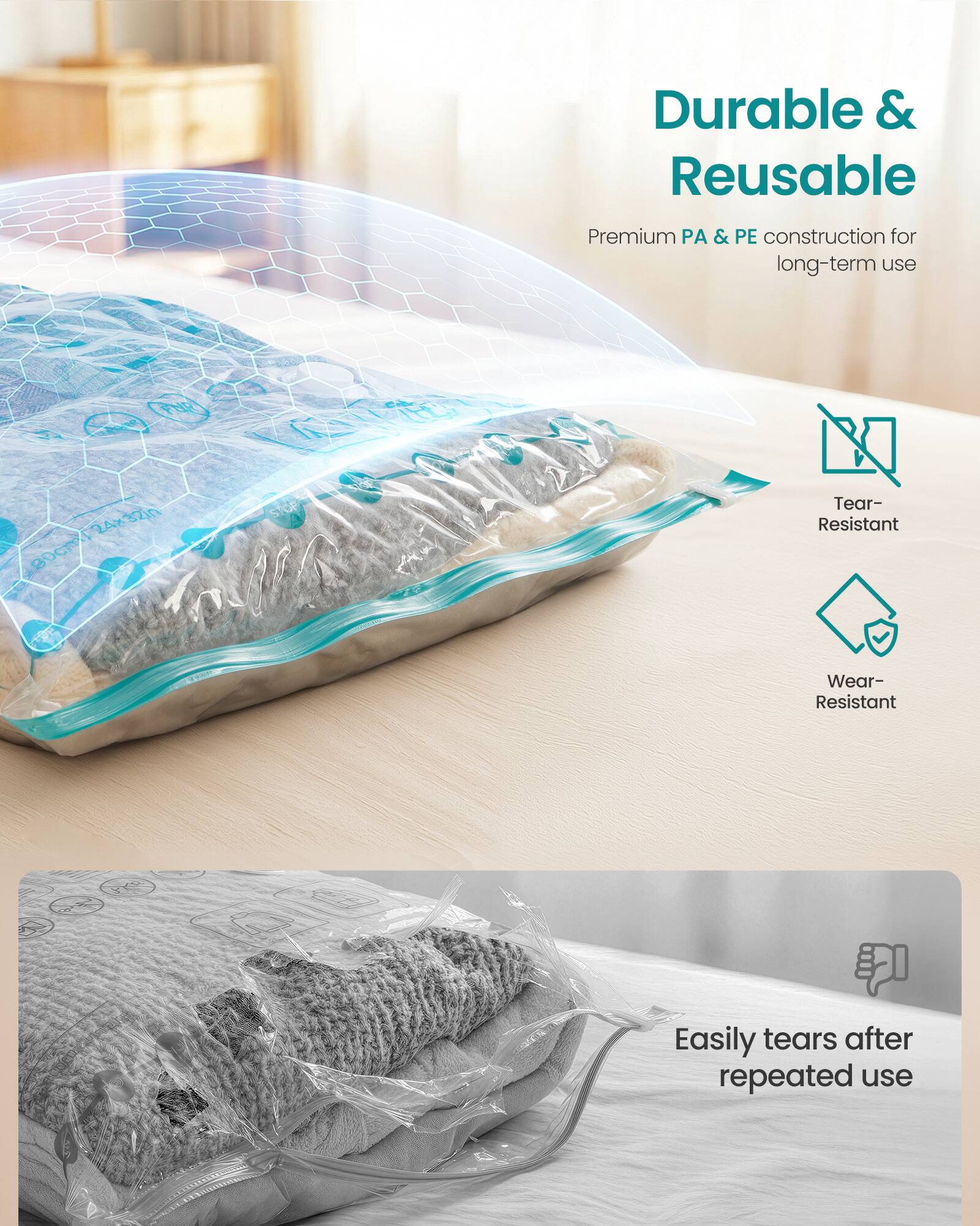 Durable & Reusable  
Premium PA & PE construction for long-term use  
24x32in 80cm  
STOP  
Tear-Resistant  
Wear-Resistant  
Easily tears after repeated use