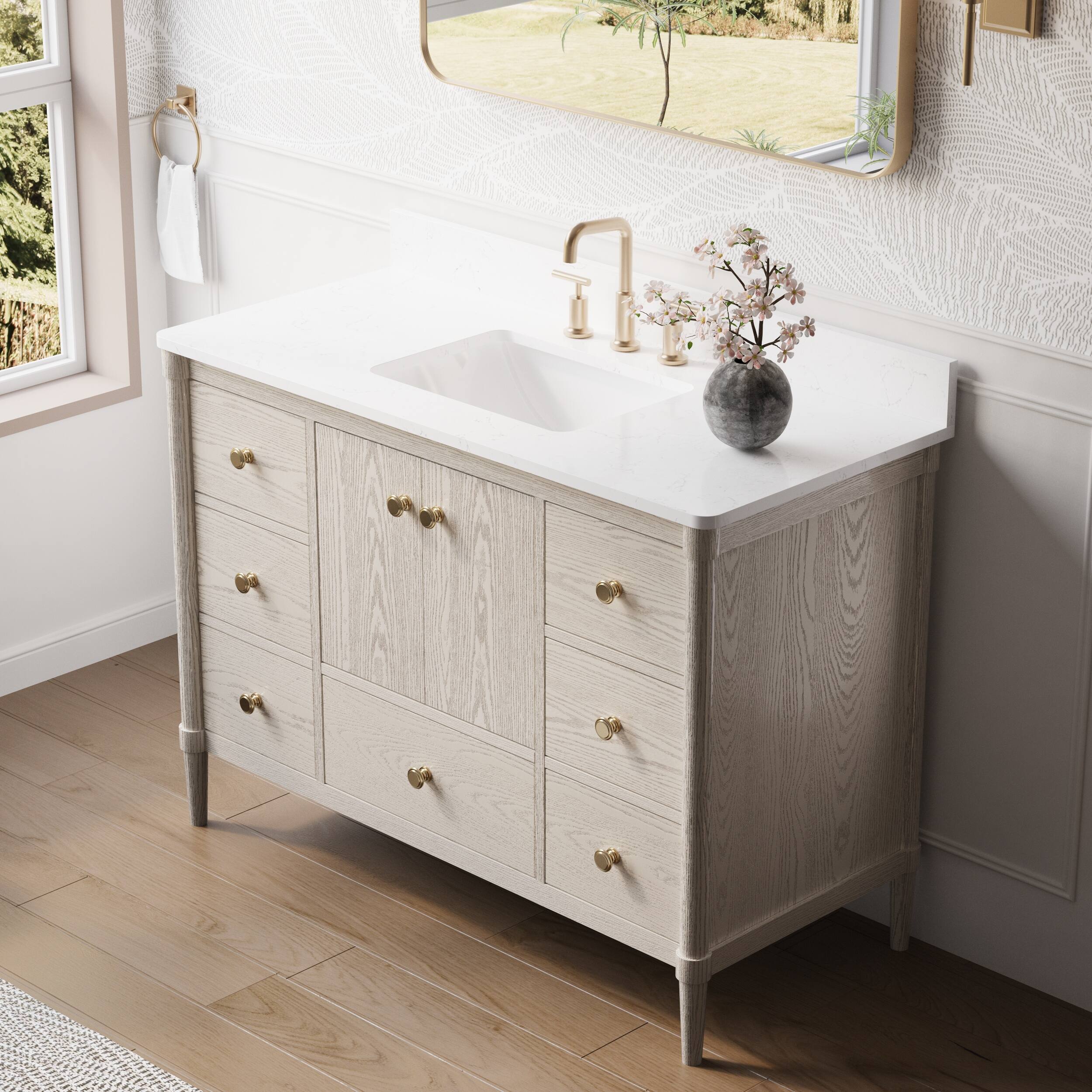 Angle. WELLFOR - ETHAN 48 in. Solid Wood Bath Vanity with Quartz Top, Single Sink, Soft Close, Assembled - OAK.