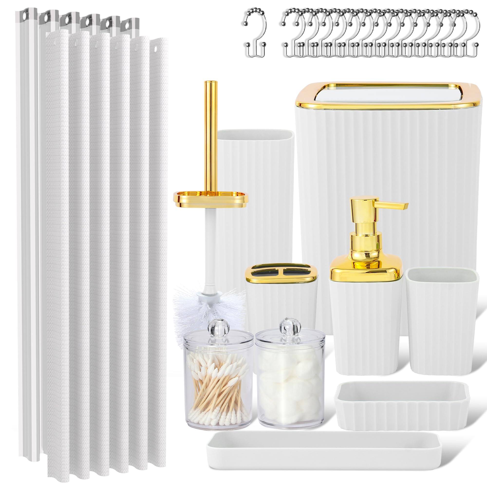 Earthley Blooms - Bathroom Accessory Set Pieces Light Accessories With Trash Can Toothbrush Holder Soap Dispenser Cup Vanity - White Bath set withcurtain