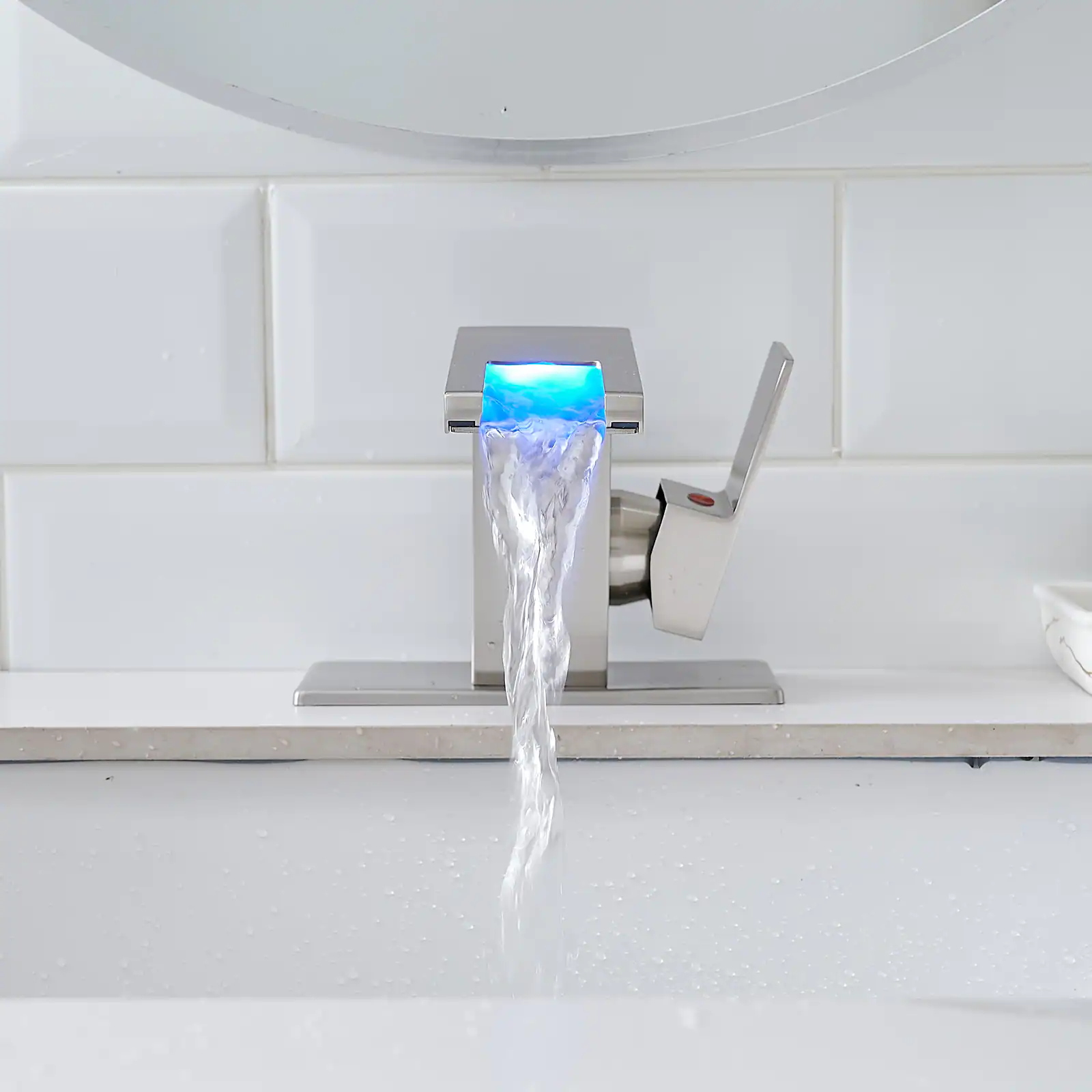 Alt View 1. Glintex - Bathroom Sink Faucet LED Light 3 Colors，Waterfall， Glass Spout， Hot Cold Water Mixer Single Handle，One Hole - Brushed Nickel.