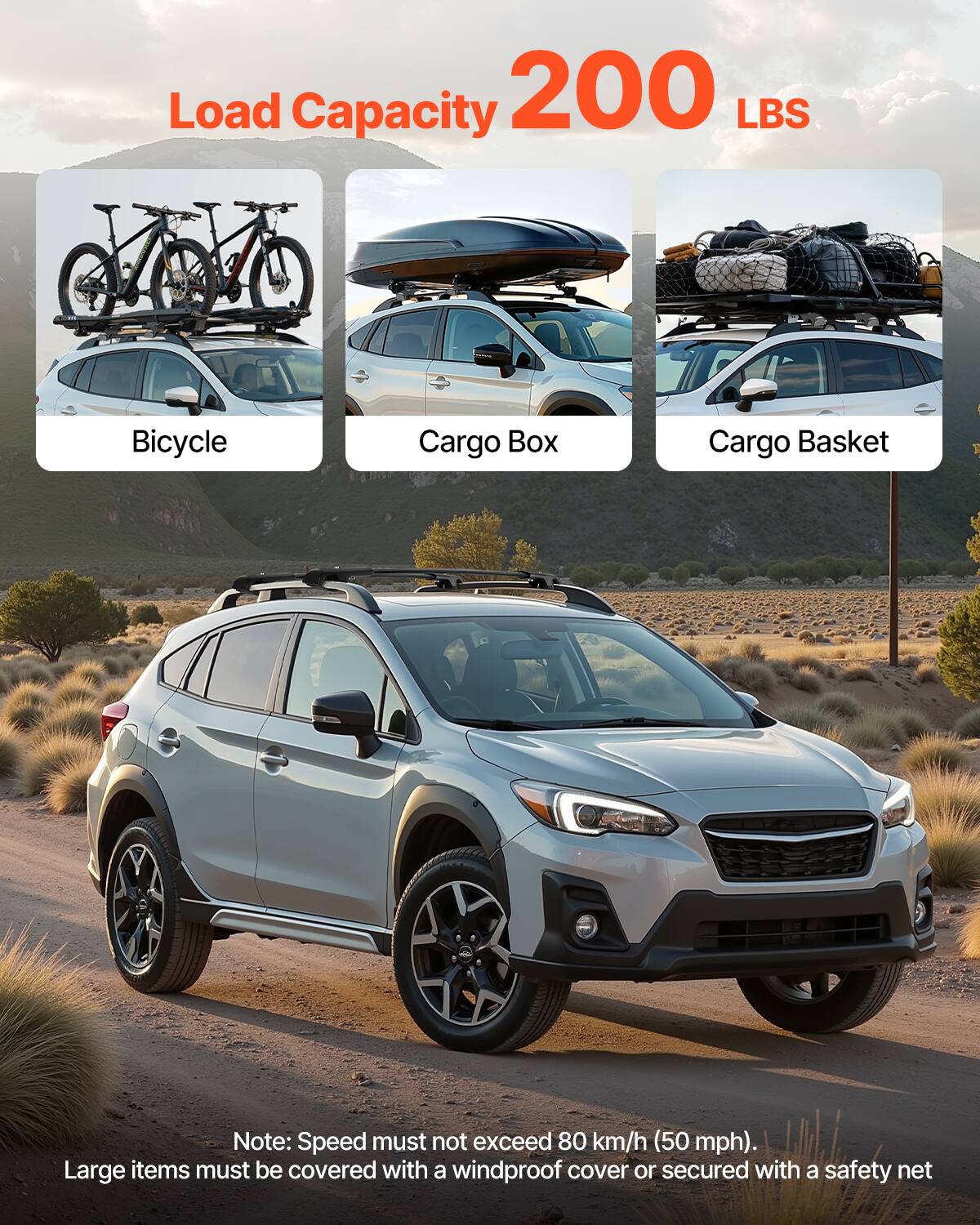 Load Capacity 200 LBS

Bicycle
Cargo Box
Cargo Basket

Note: Speed must not exceed 80 km/h (50 mph). Large items must be covered with a windproof cover or secured with a safety net.