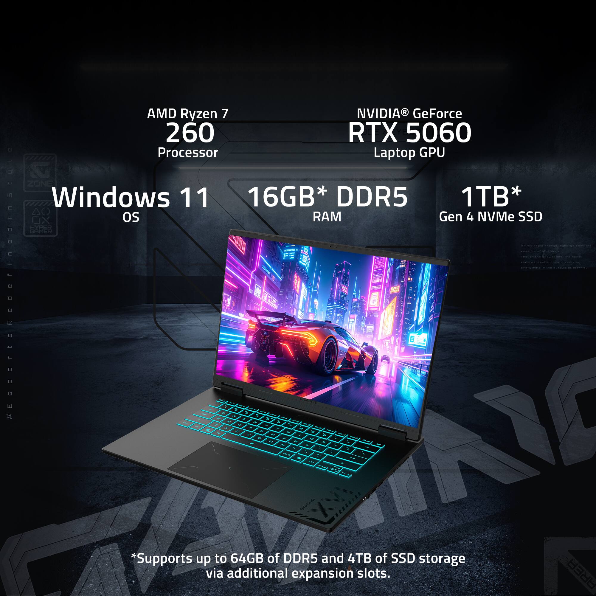 - AMD Ryzen 7 260 Processor
- NVIDIA GeForce RTX 5060 Laptop GPU
- Windows 11 OS
- 16GB DDR5 RAM
- 1TB Gen 4 NVMe SSD
- Supports up to 64GB of DDR5 and 4TB of SSD storage via additional expansion slots.
