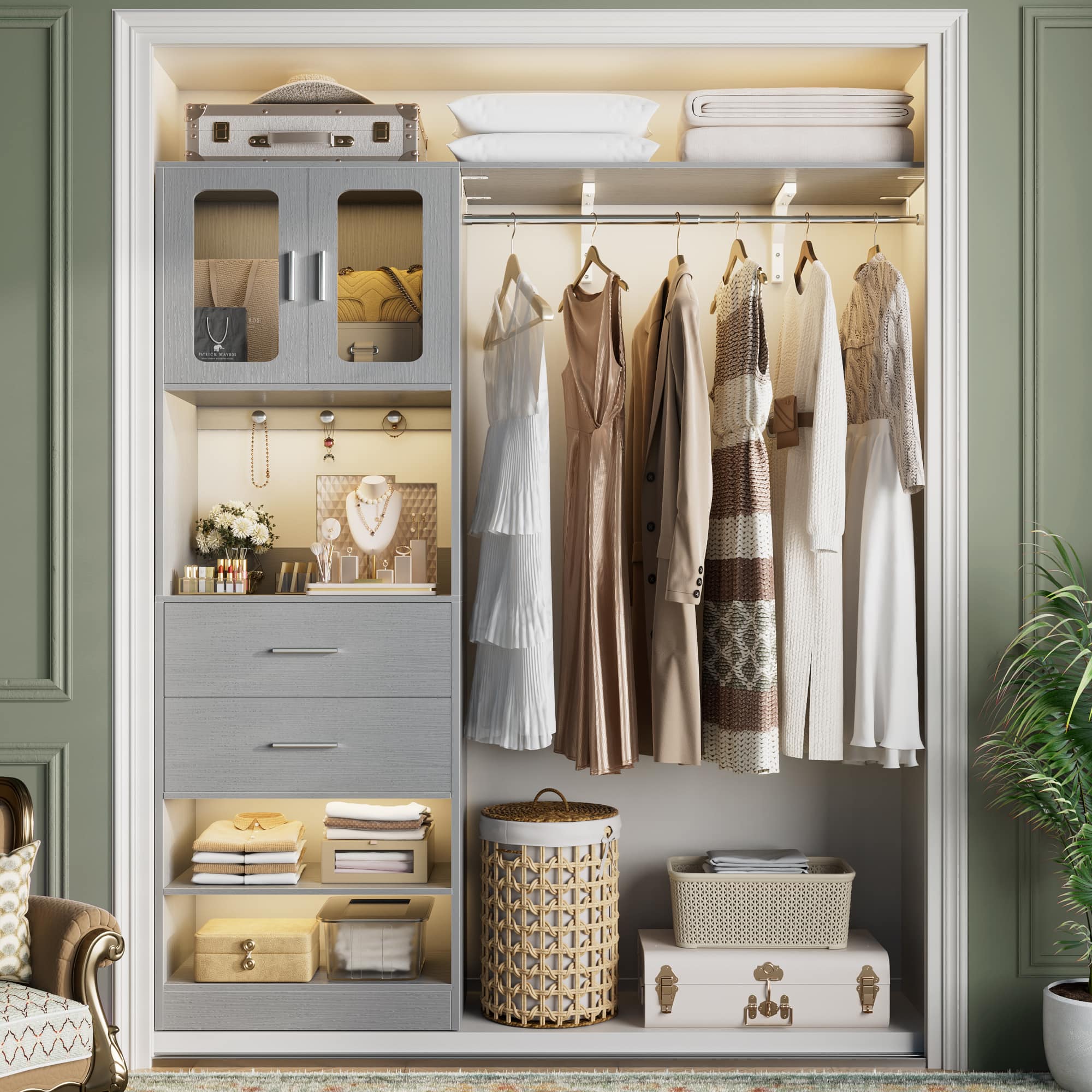 Aheaplus - 5FT Wall-Mounted Closet Organizer with Drawers, Hanging Rod, and Shelves, Sturdy & Easy Assembly - Gray