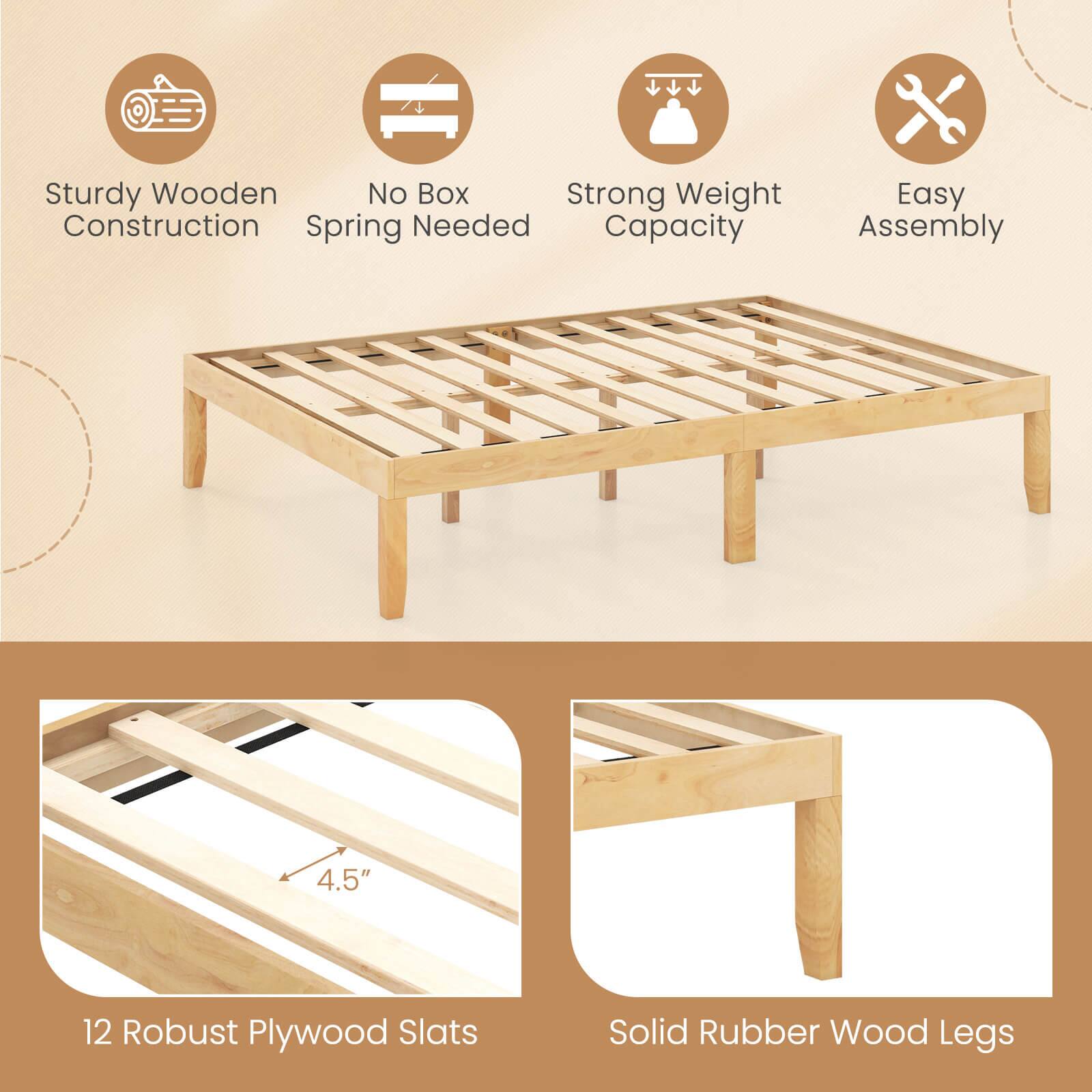 The text on the image is grouped and corrected as follows:
Sturdy Wooden No Box Strong Weight Construction Spring Needed Capacity Easy Assembly 4.5" 12 Robust Plywood Slats Solid Rubber Wood Legs
