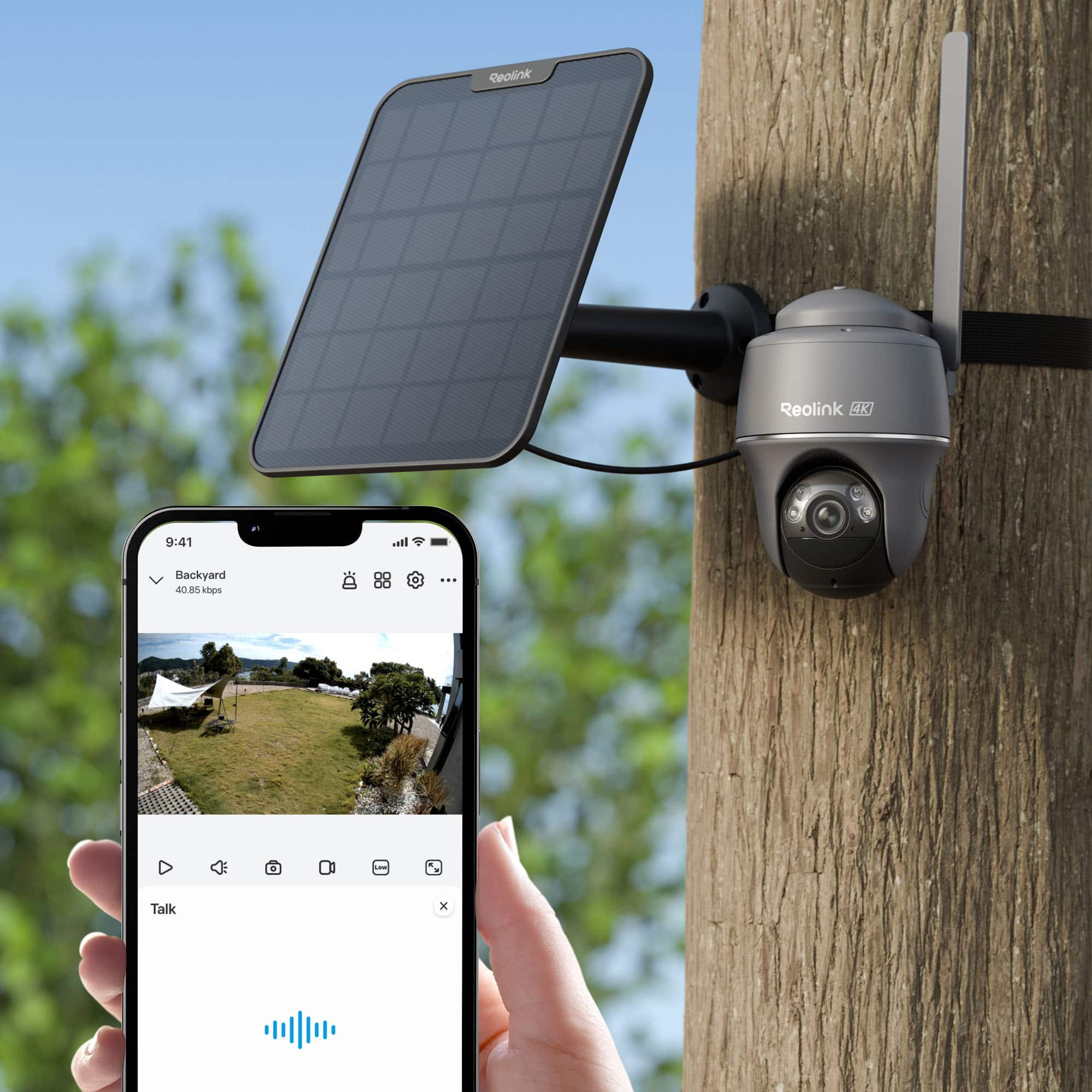 Reolink, Reolink 4K, 9:41, Backyard, 40.85 kbps, Talk, x