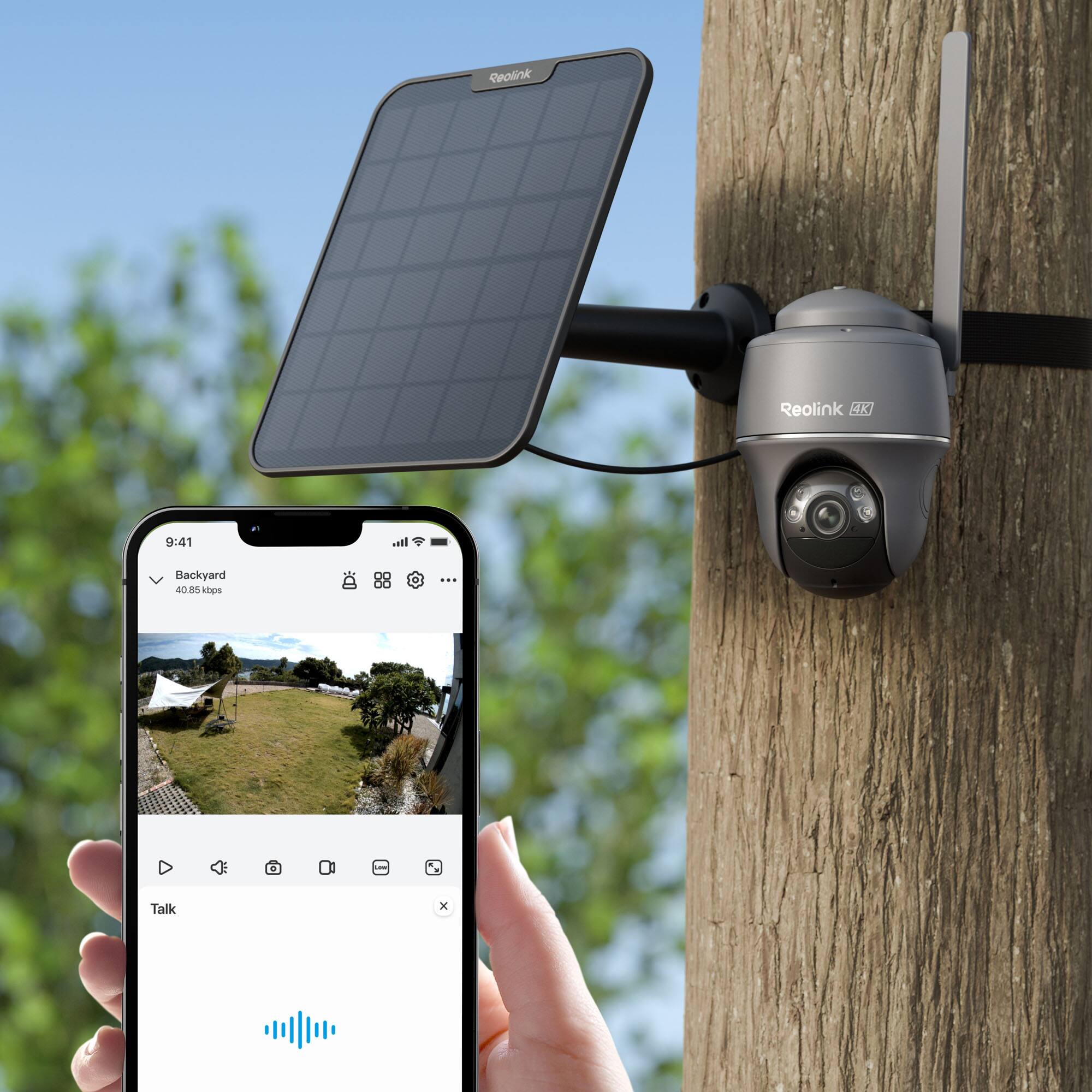 Reolink, Reolink 4K, 9:41, Backyard, 40.85 kbps, Talk, x