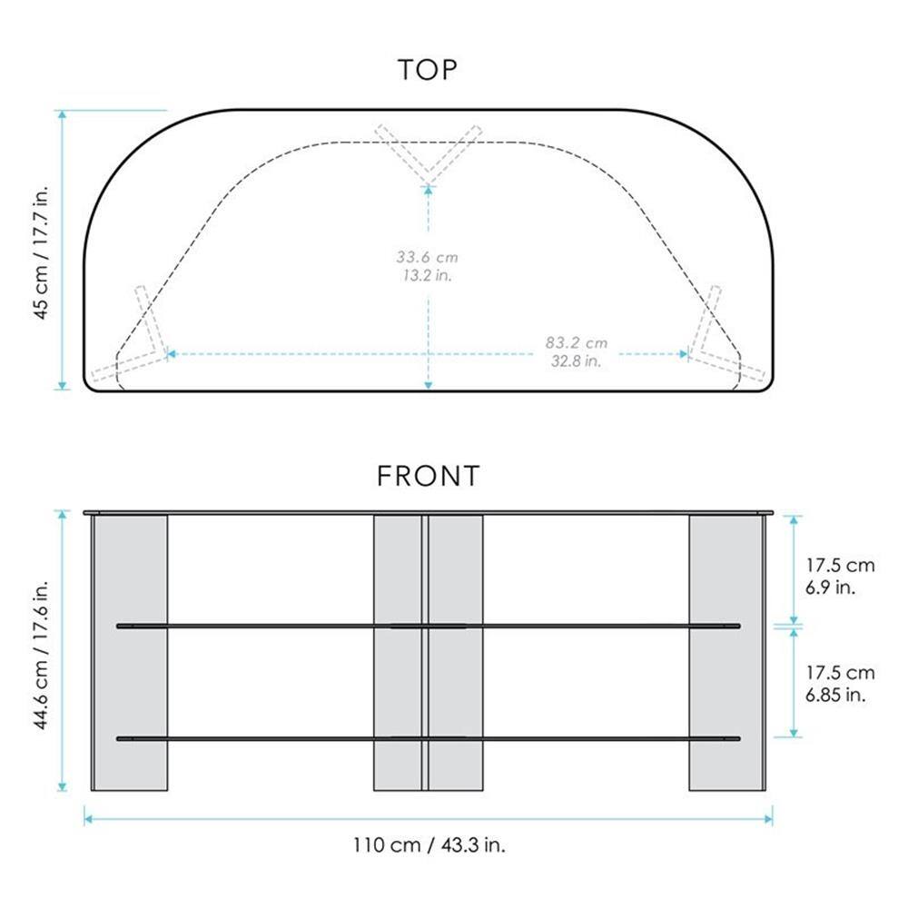 in. cm/ 17.7 in  
17.7 / cm 45

TOP  
33.6 cm 13.2 in.  
83.2 cm 32.8 in.

FRONT  
110 cm / 43.3 in.  
17.5 cm 6.9 in.  
17.5 cm 6.85 in.