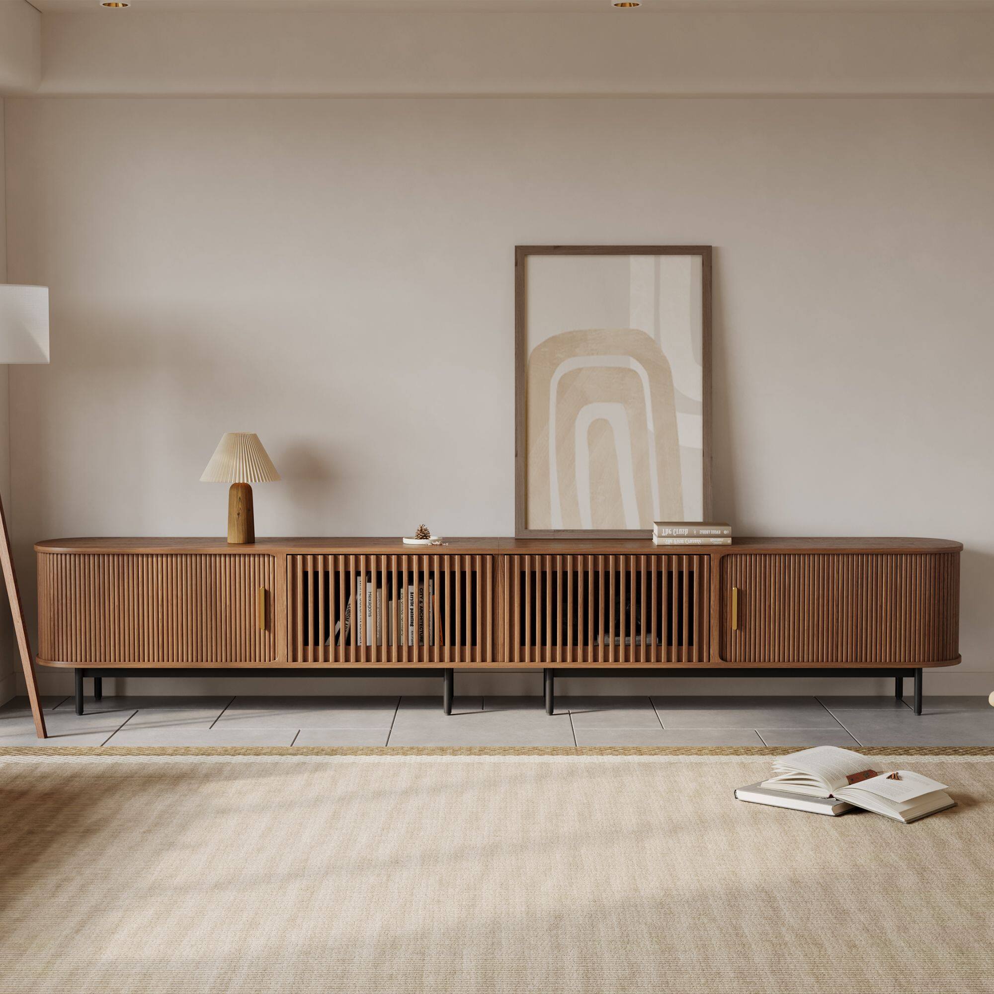 Angle. POVISON - 118"Mid-Century Modern Tambour Door TV Stand ,Walnut - Walnut.