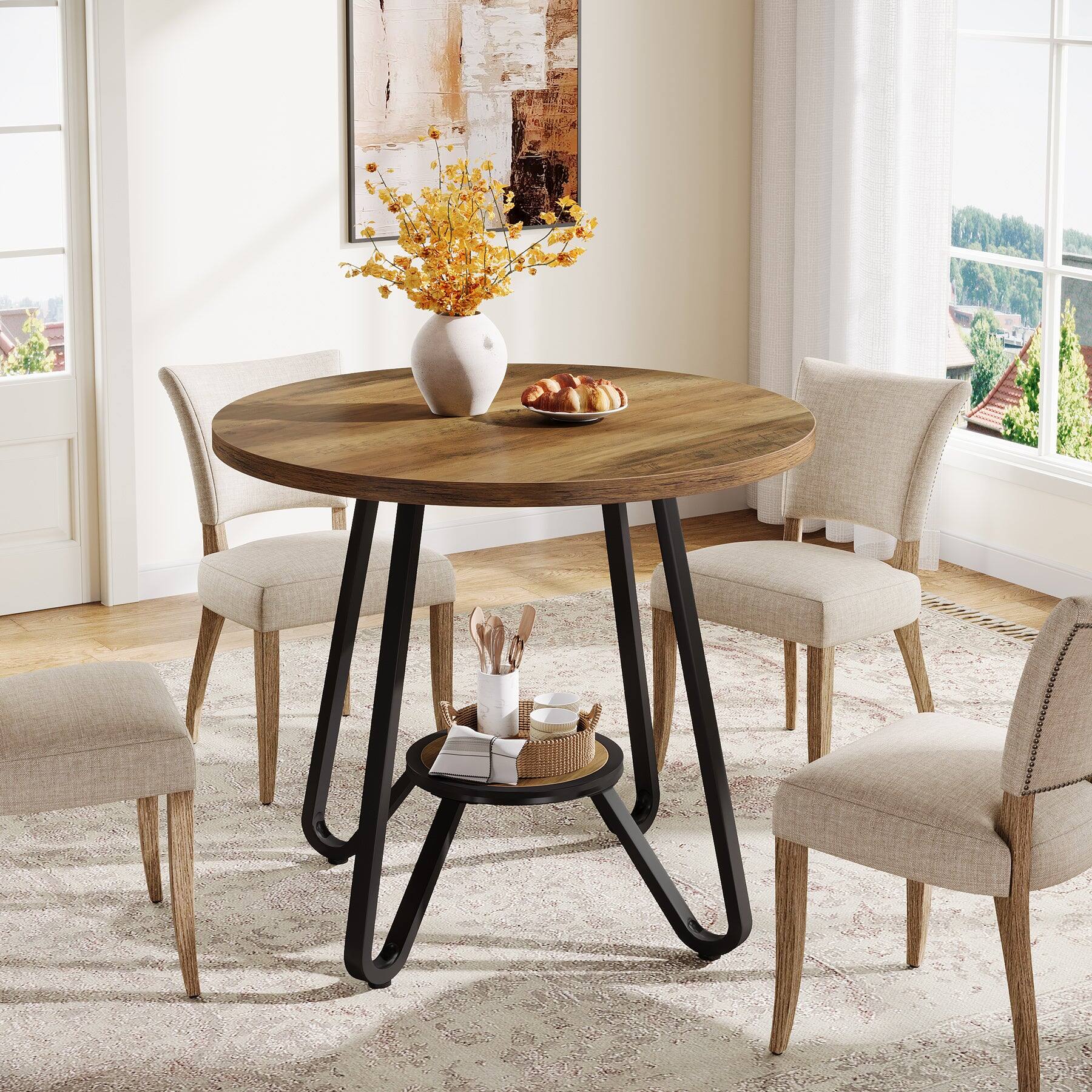 Alt View 1. Tribesigns - Dining Table with Storage Shelves, Adjustable Feet and Space-Saving Design for Dining Room and Kitchen - Brown.