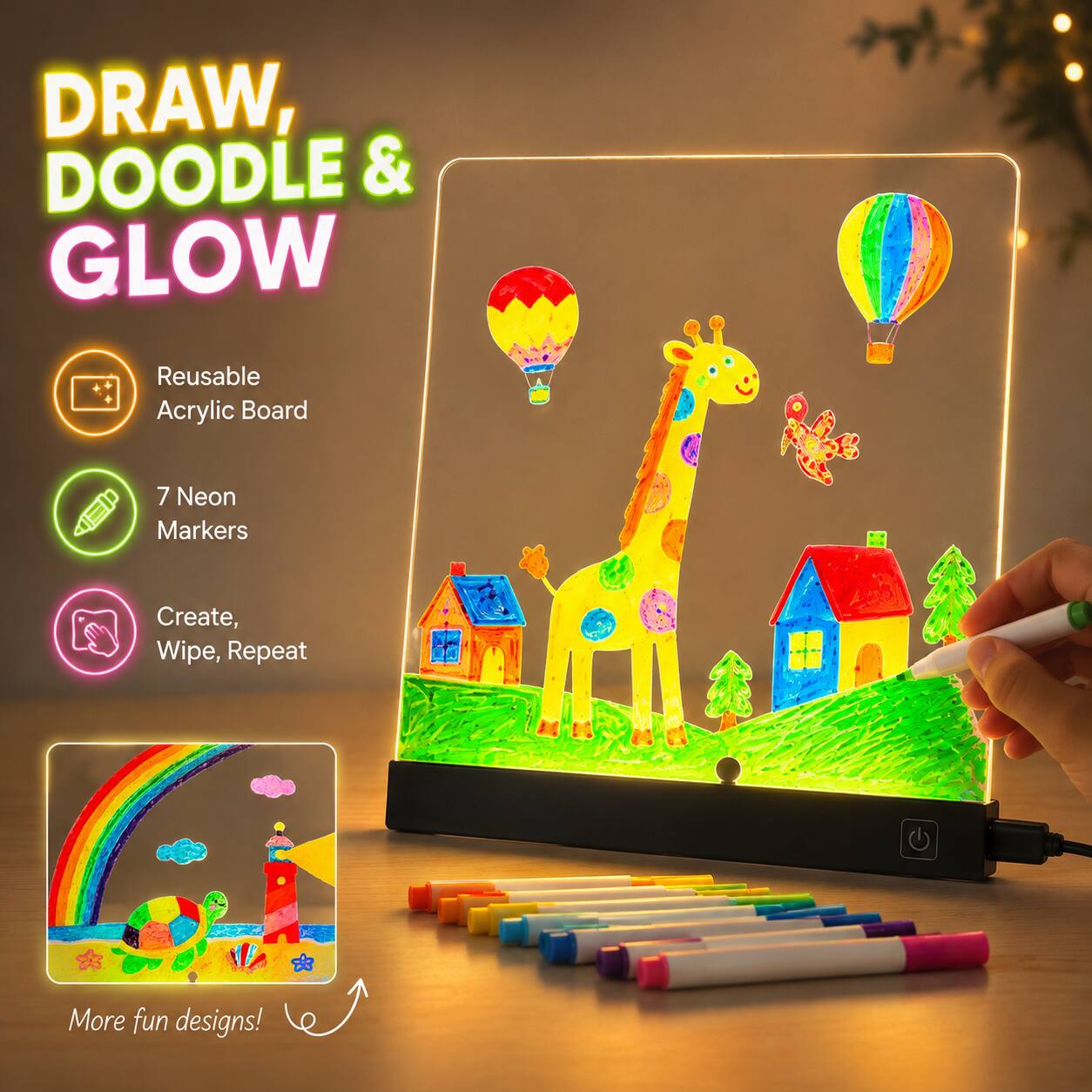 DRAW, DOODLE & GLOW  
Reusable Acrylic Board  
7 Neon Markers  
Create, Wipe, Repeat  
More fun designs!
